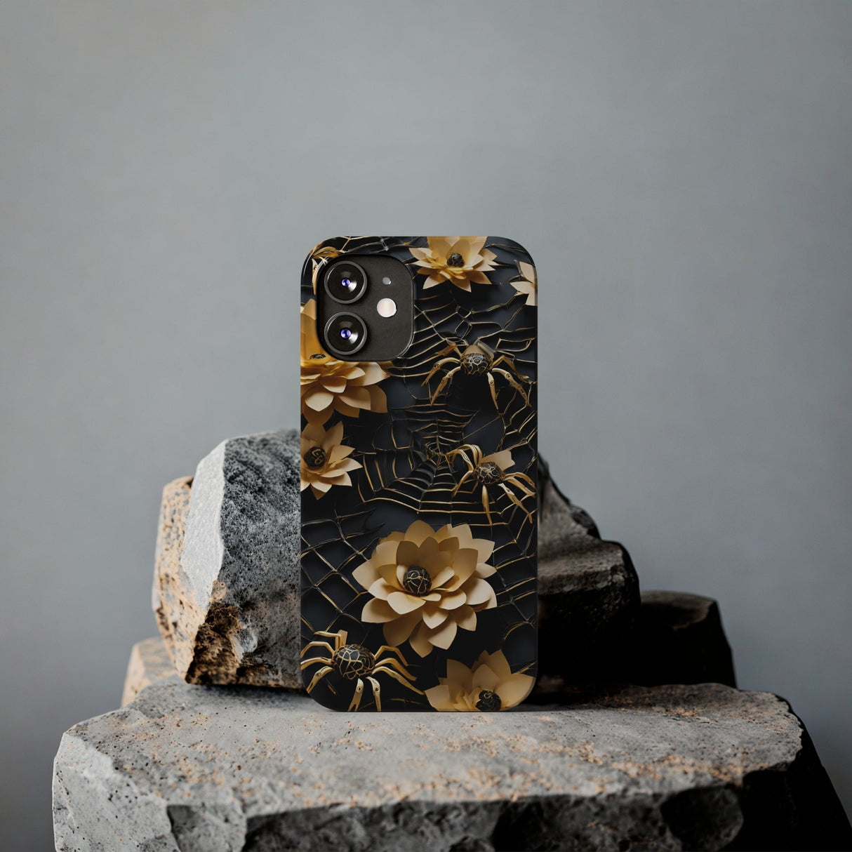 Halloween Black & Gold Spider Slim Phone Cases, Gold Flower Phone Case