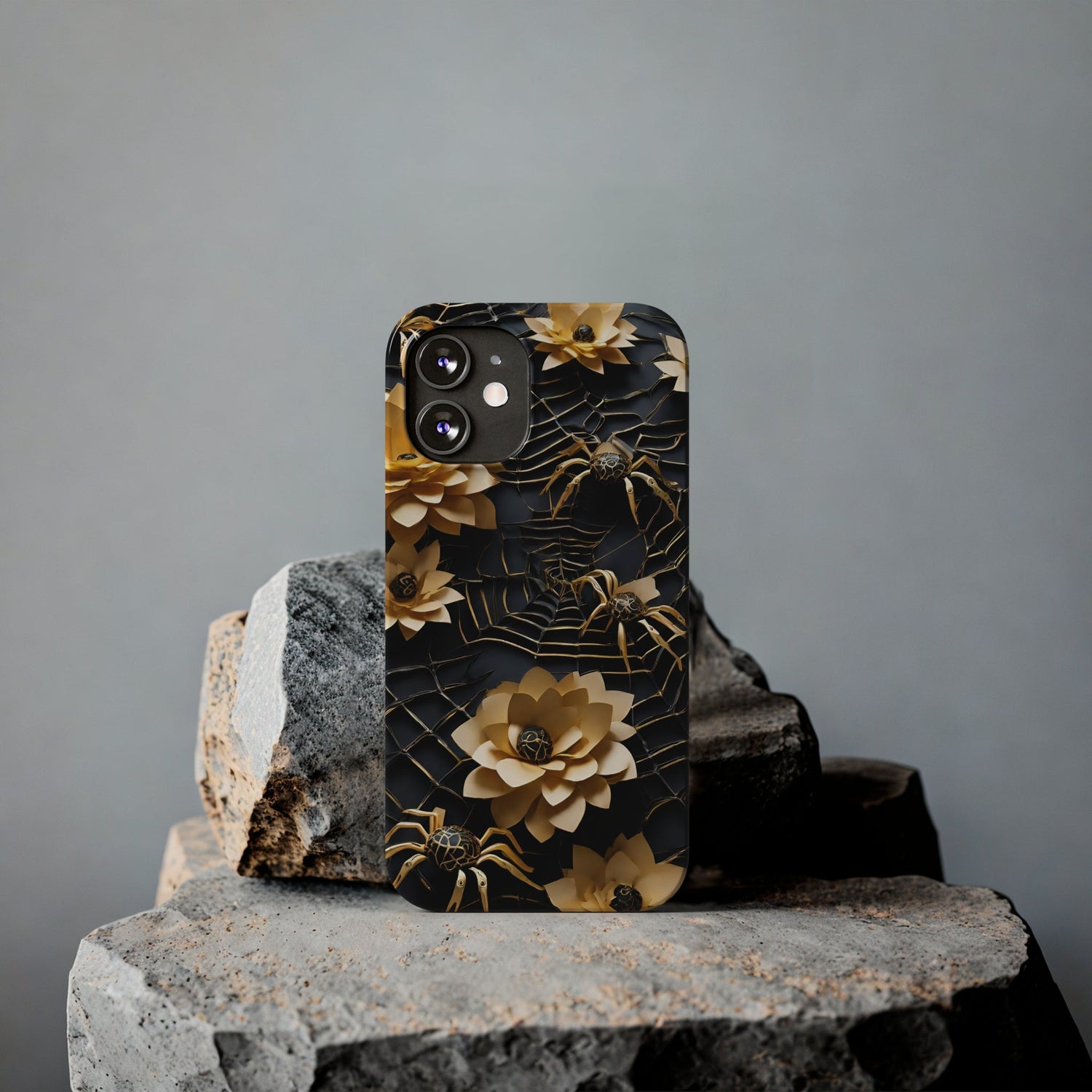 Halloween Black & Gold Spider Slim Phone Cases, Gold Flower Phone Case
