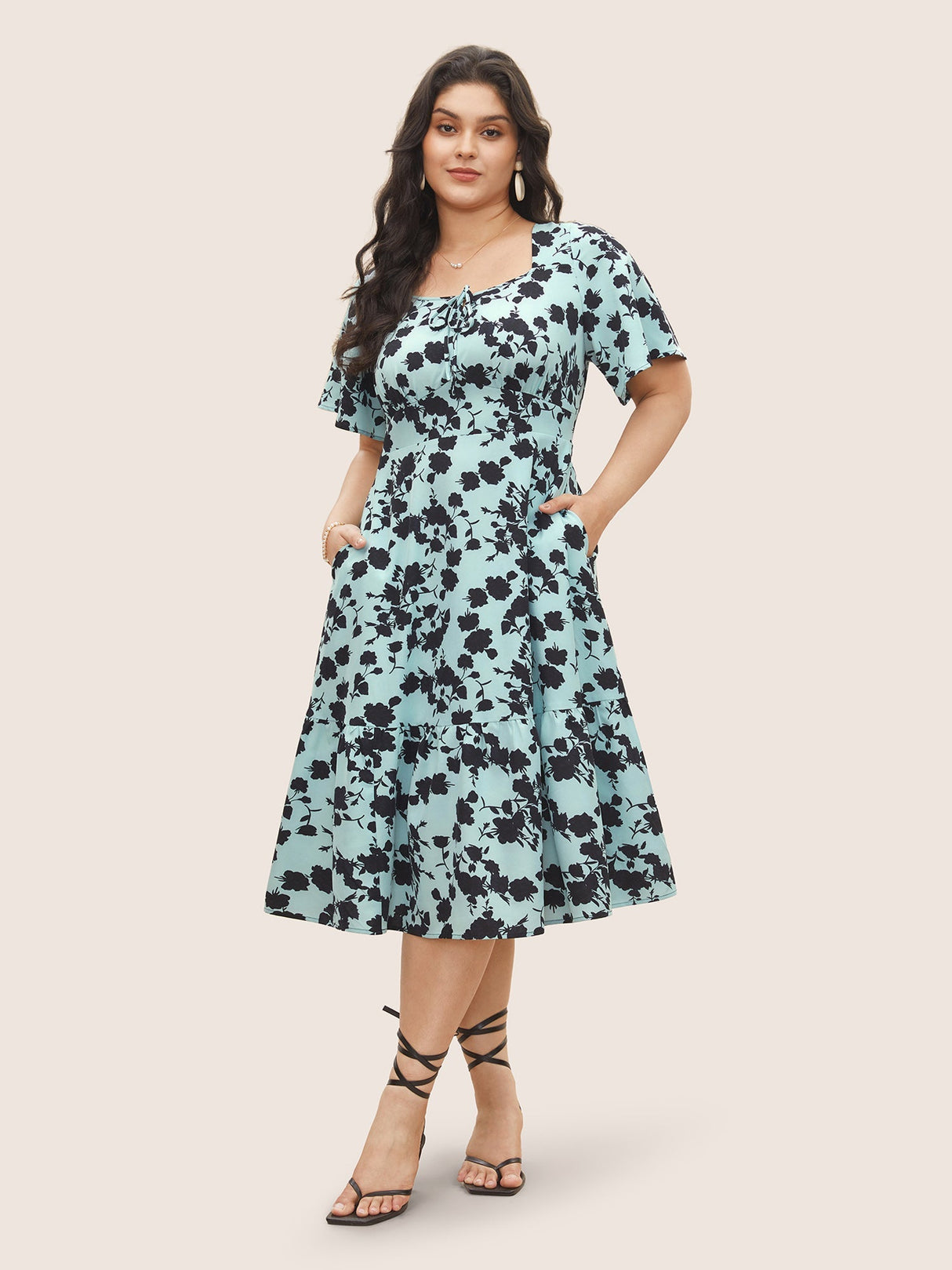 Silhouette Floral Print Knot Neck Flutter Hem Dress