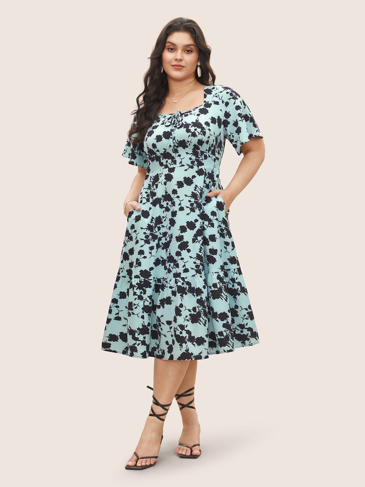 Silhouette Floral Print Knot Neck Flutter Hem Dress