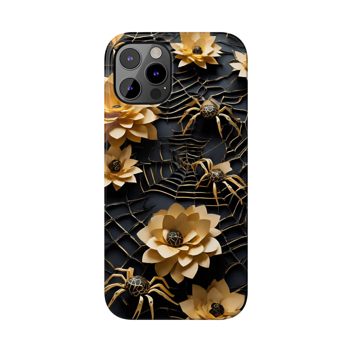 Halloween Black & Gold Spider Slim Phone Cases, Gold Flower Phone Case