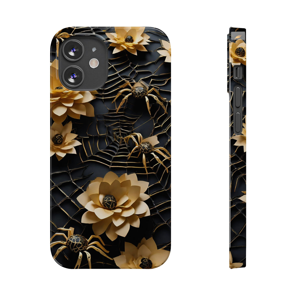 Halloween Black & Gold Spider Slim Phone Cases, Gold Flower Phone Case