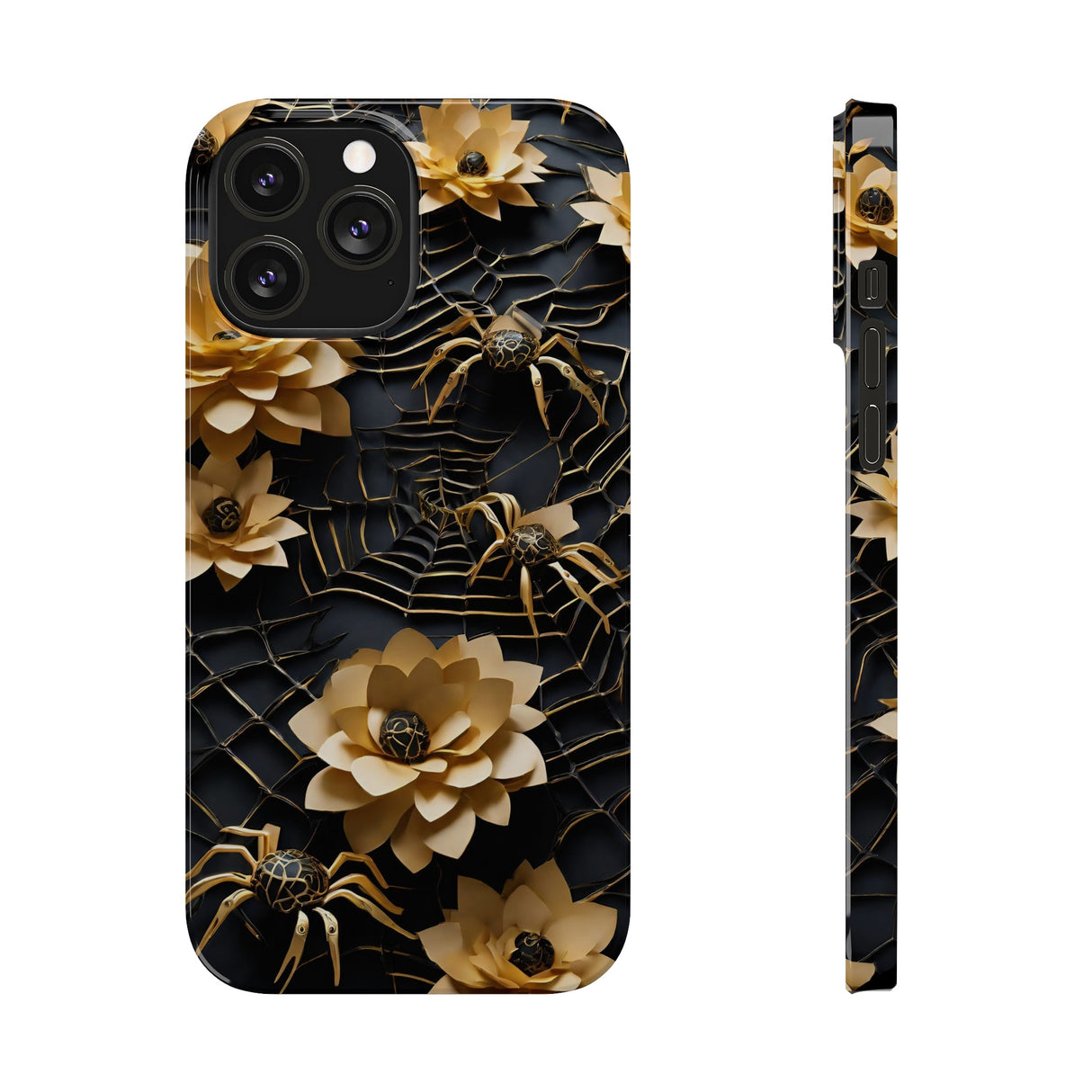 Halloween Black & Gold Spider Slim Phone Cases, Gold Flower Phone Case