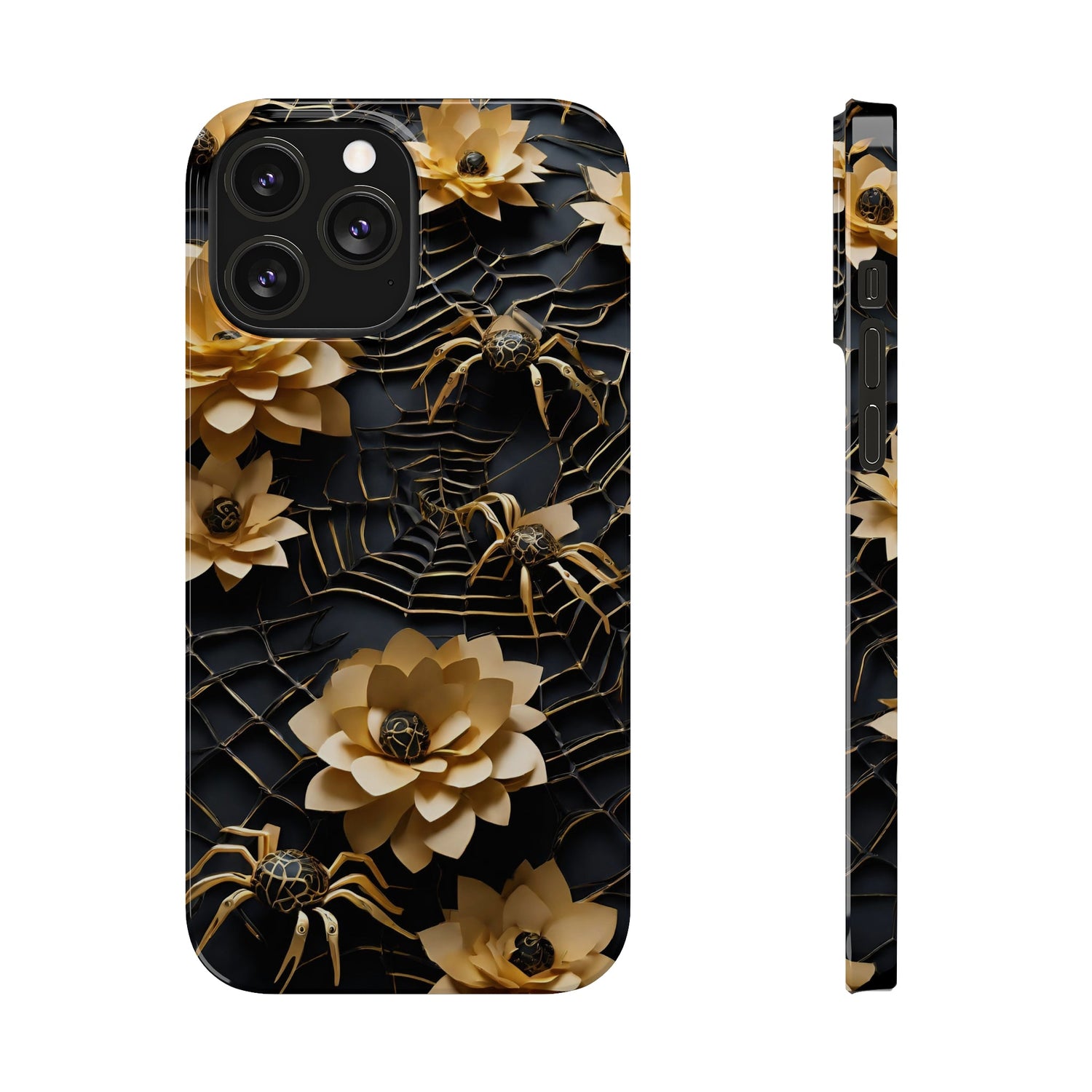 Halloween Black & Gold Spider Slim Phone Cases, Gold Flower Phone Case