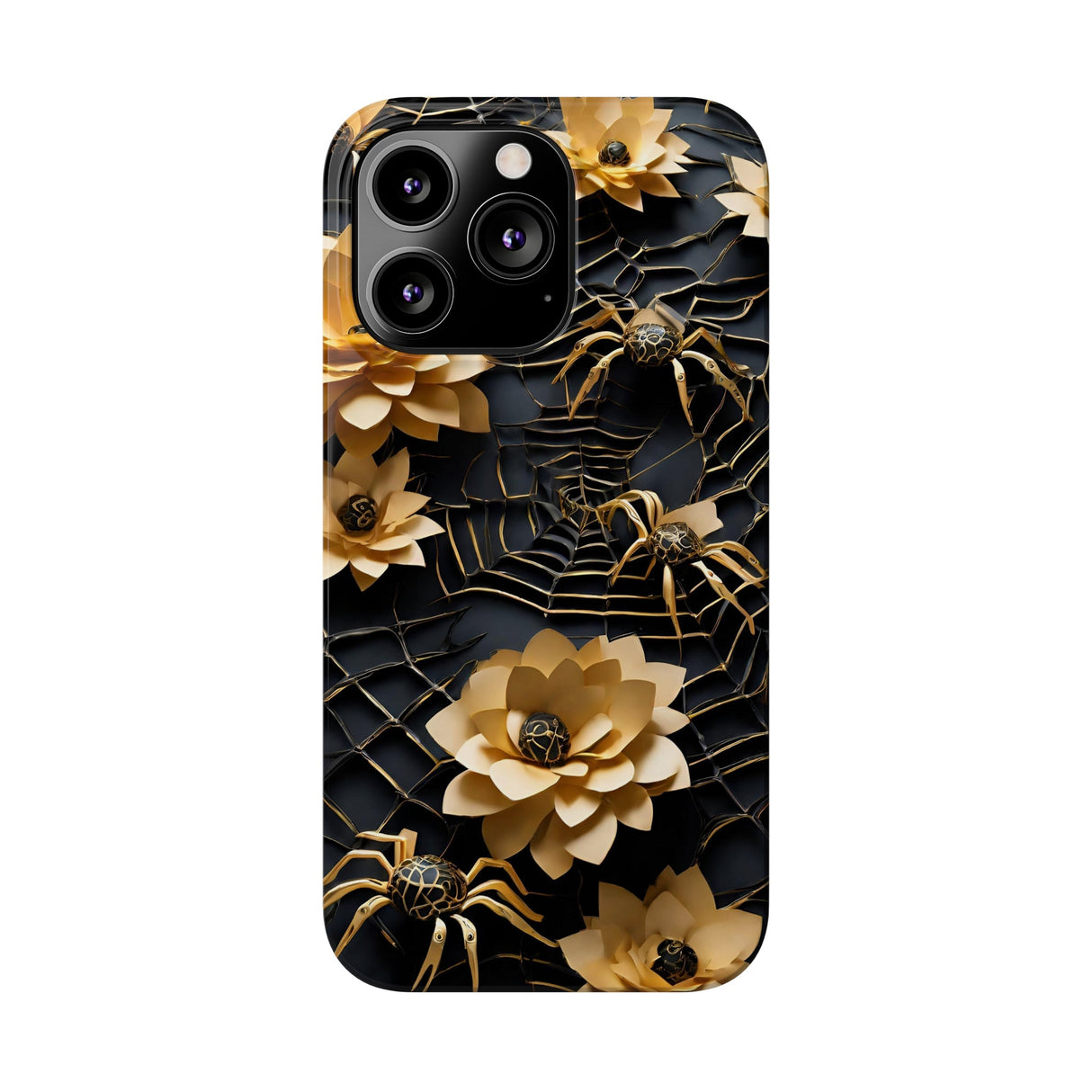 Halloween Black & Gold Spider Slim Phone Cases, Gold Flower Phone Case