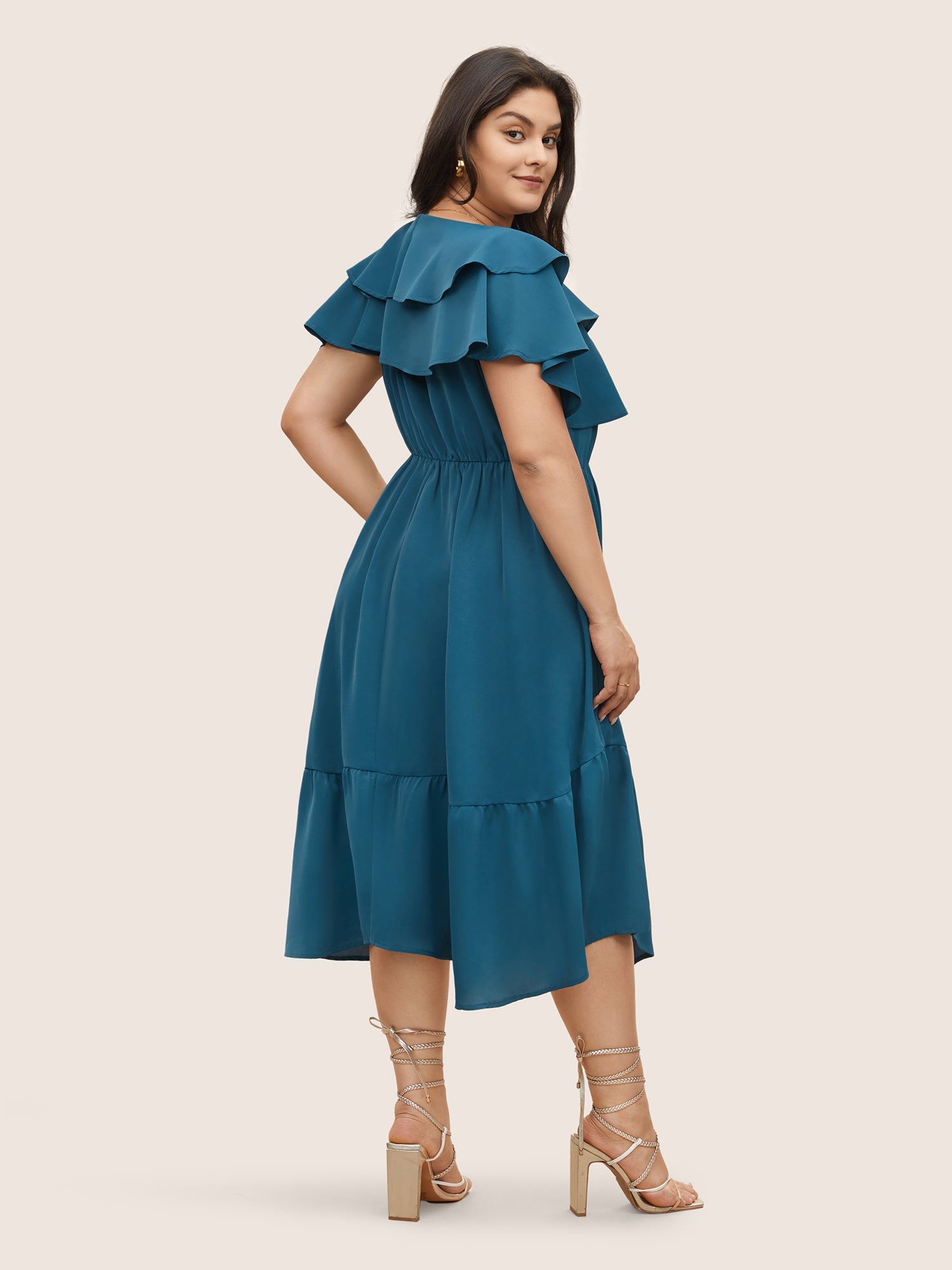 Tiered Ruffle Cap Sleeve Asymmetrical Hem Dress