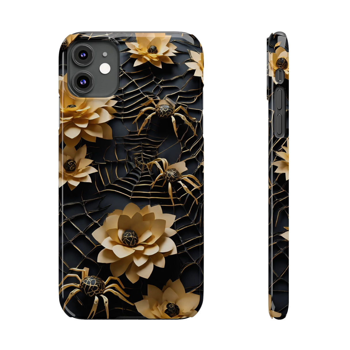 Halloween Black & Gold Spider Slim Phone Cases, Gold Flower Phone Case