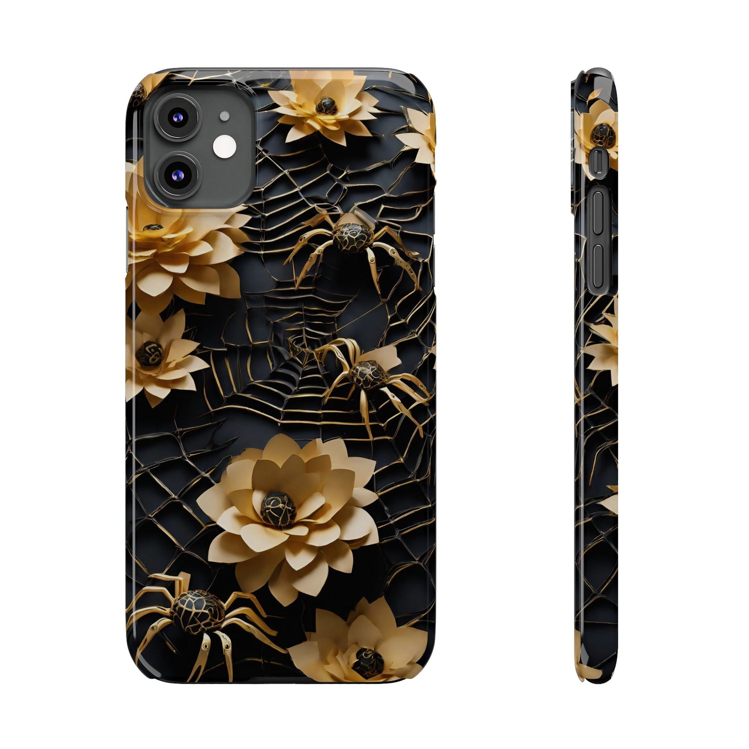 Halloween Black & Gold Spider Slim Phone Cases, Gold Flower Phone Case