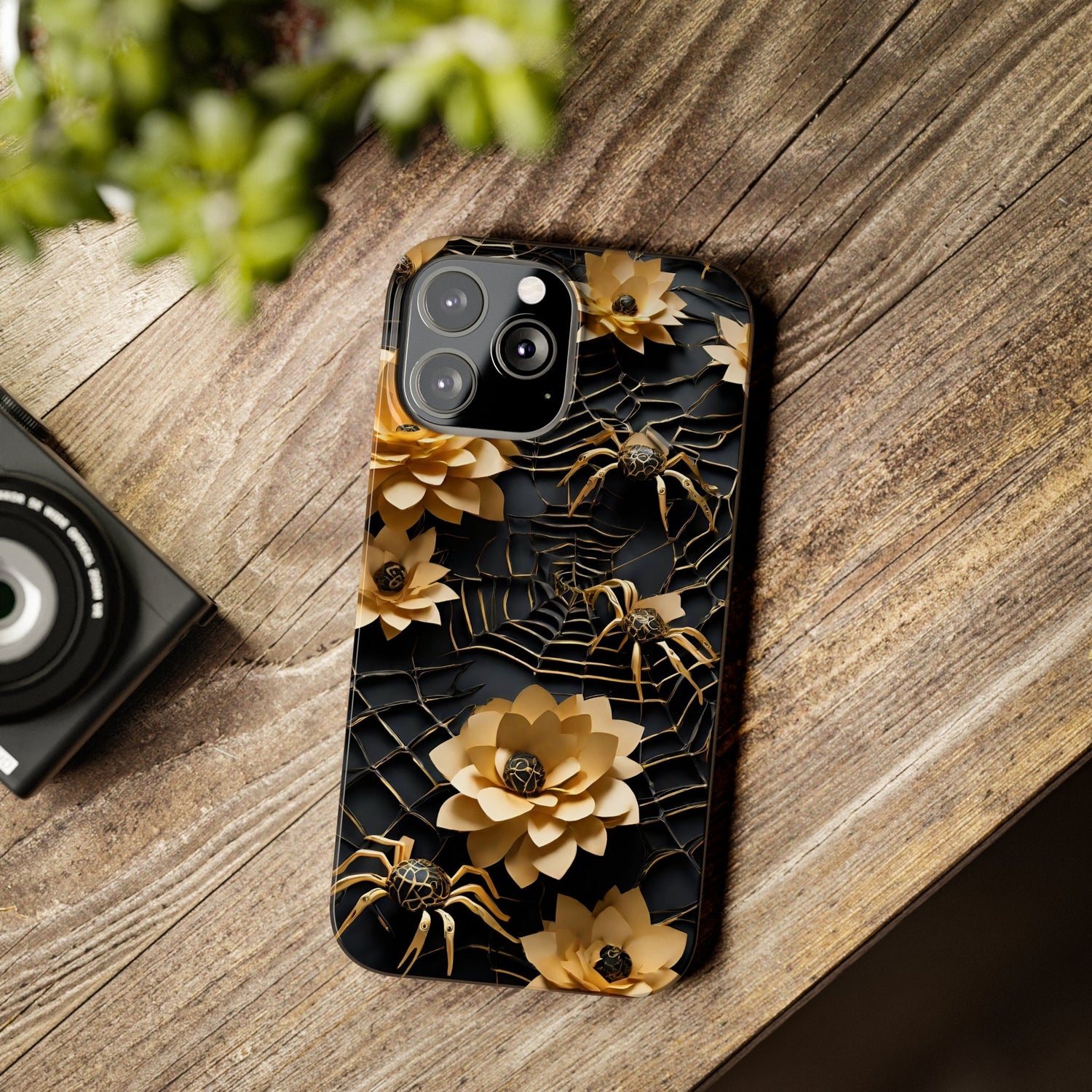 Halloween Black & Gold Spider Slim Phone Cases, Gold Flower Phone Case