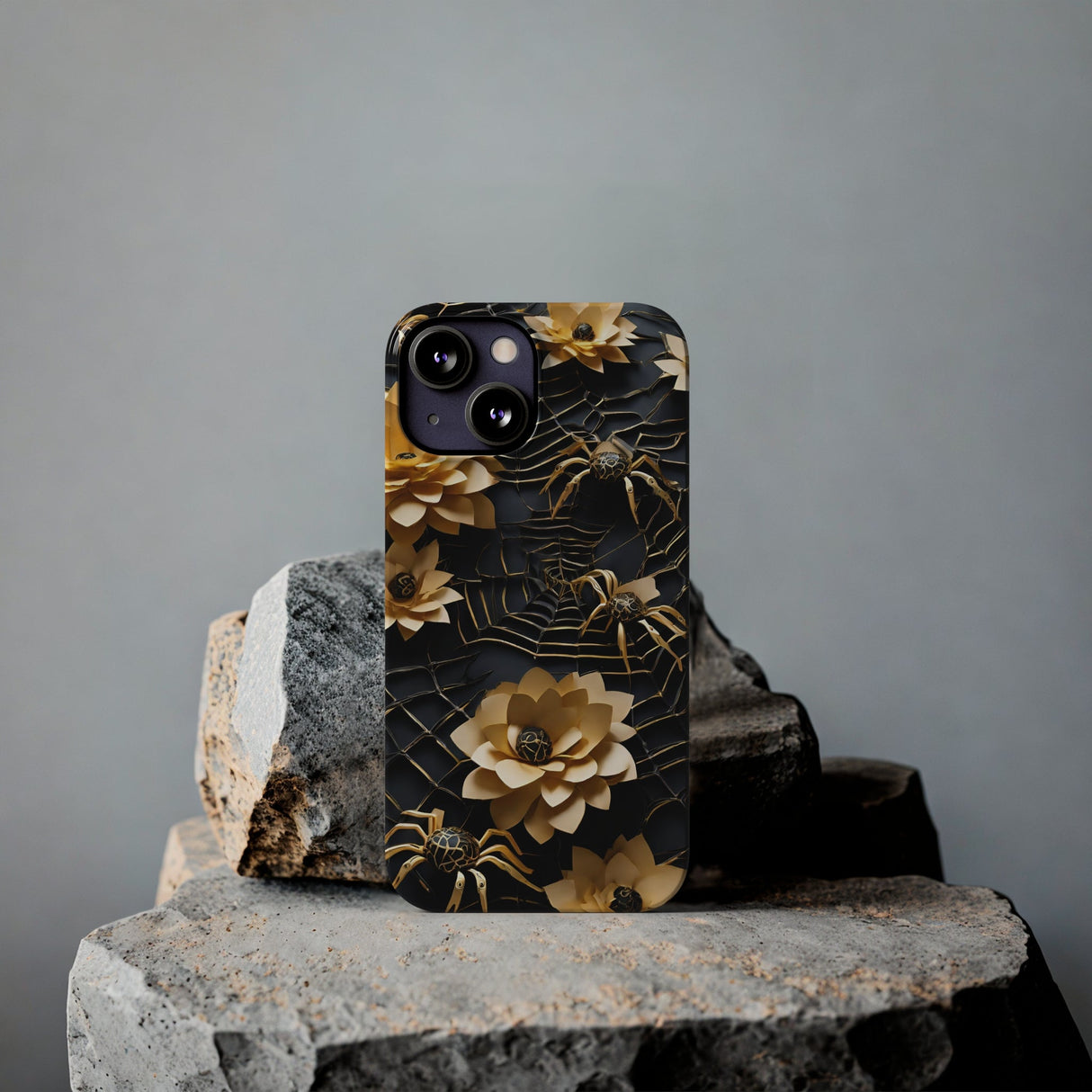 Halloween Black & Gold Spider Slim Phone Cases, Gold Flower Phone Case