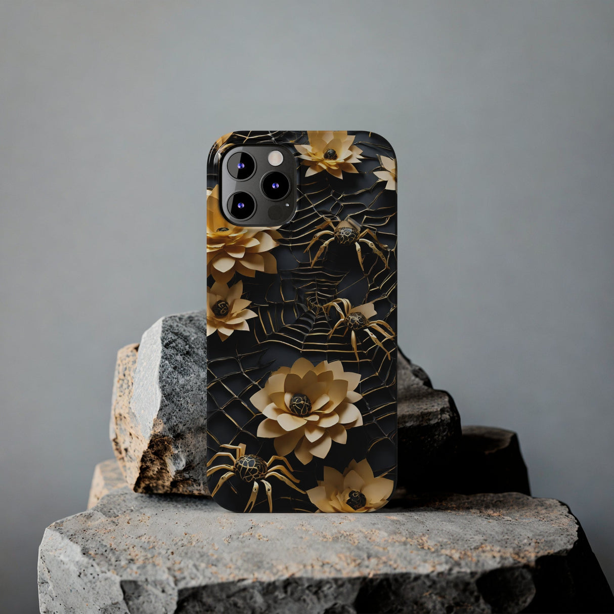 Halloween Black & Gold Spider Slim Phone Cases, Gold Flower Phone Case