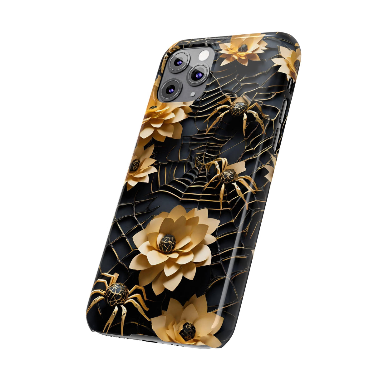 Halloween Black & Gold Spider Slim Phone Cases, Gold Flower Phone Case