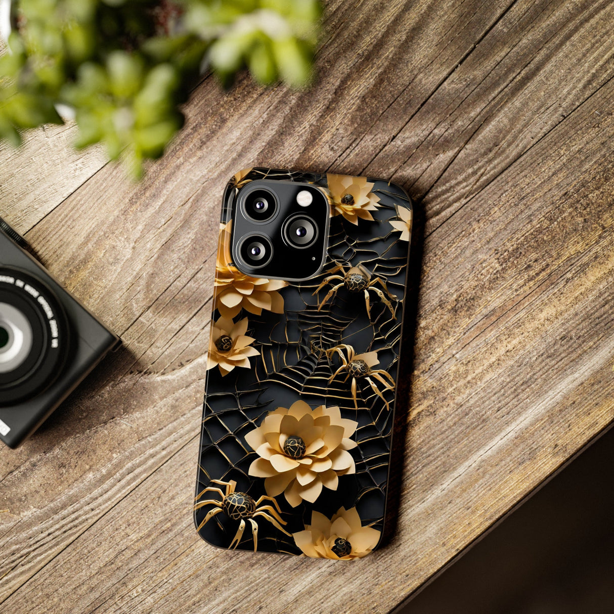 Halloween Black & Gold Spider Slim Phone Cases, Gold Flower Phone Case