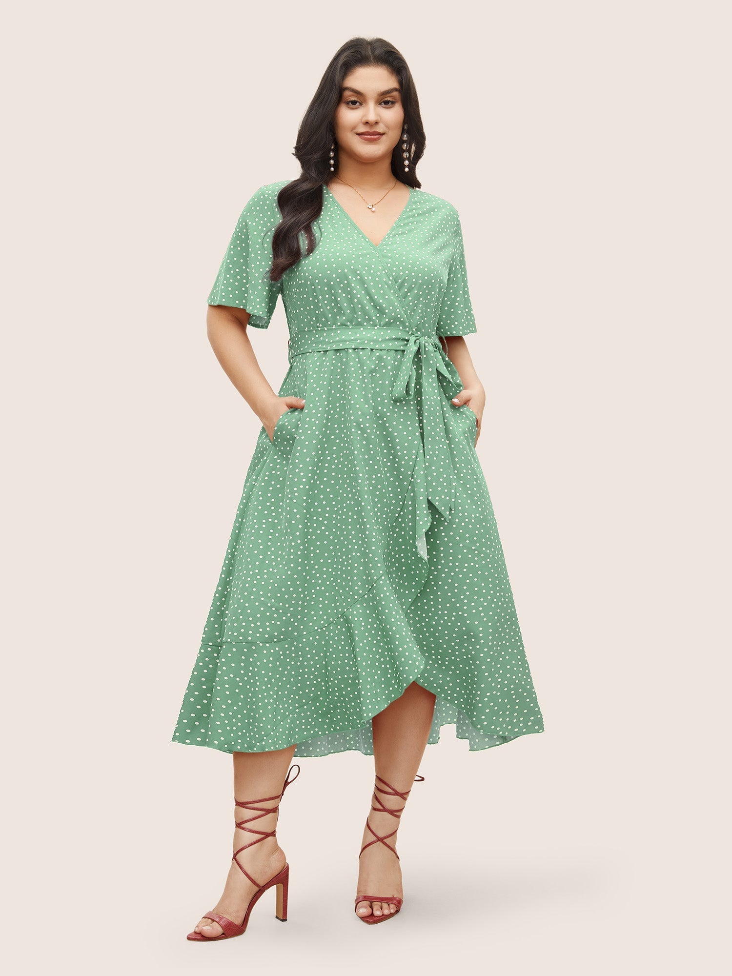 Polka Dot Surplice Neck Belted Arc Hem Dress