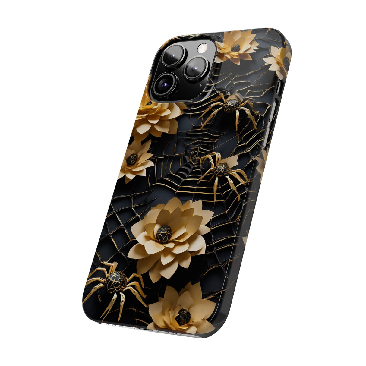 Halloween Black & Gold Spider Slim Phone Cases, Gold Flower Phone Case