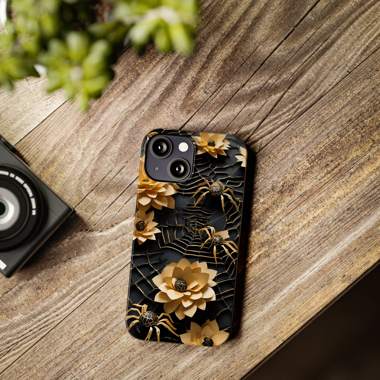 Halloween Black & Gold Spider Slim Phone Cases, Gold Flower Phone Case