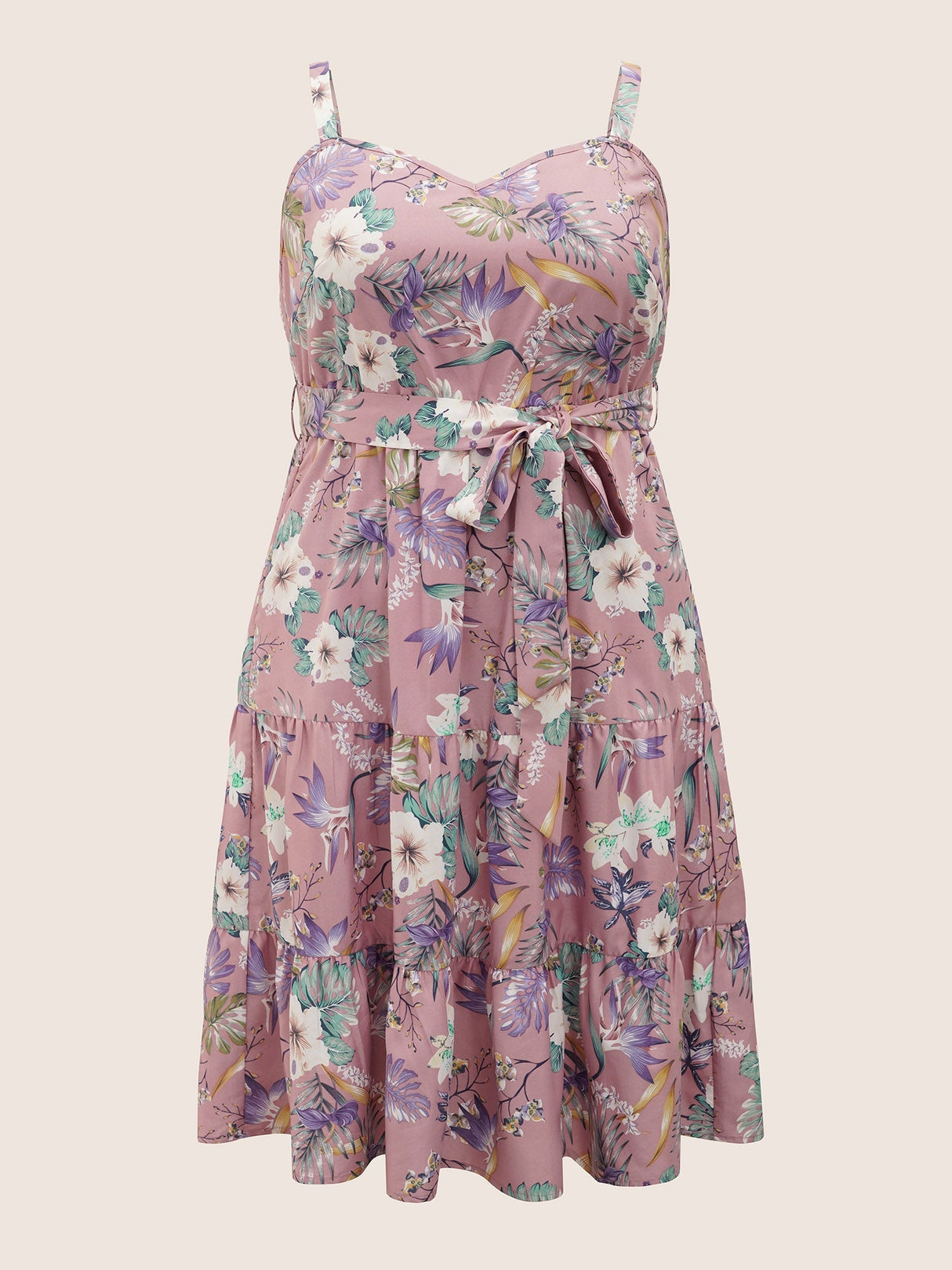 Floral Belted Adjustable Straps Layered Hem Dress