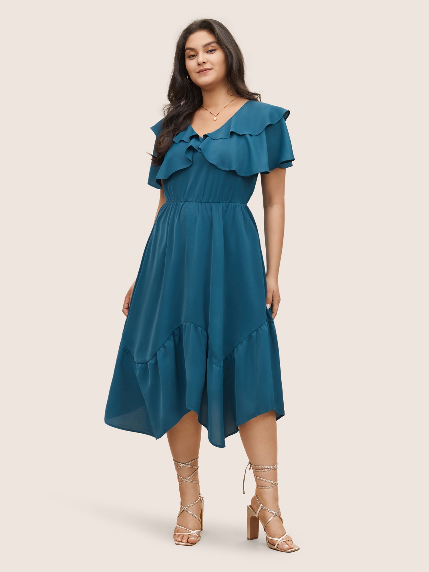 Tiered Ruffle Cap Sleeve Asymmetrical Hem Dress