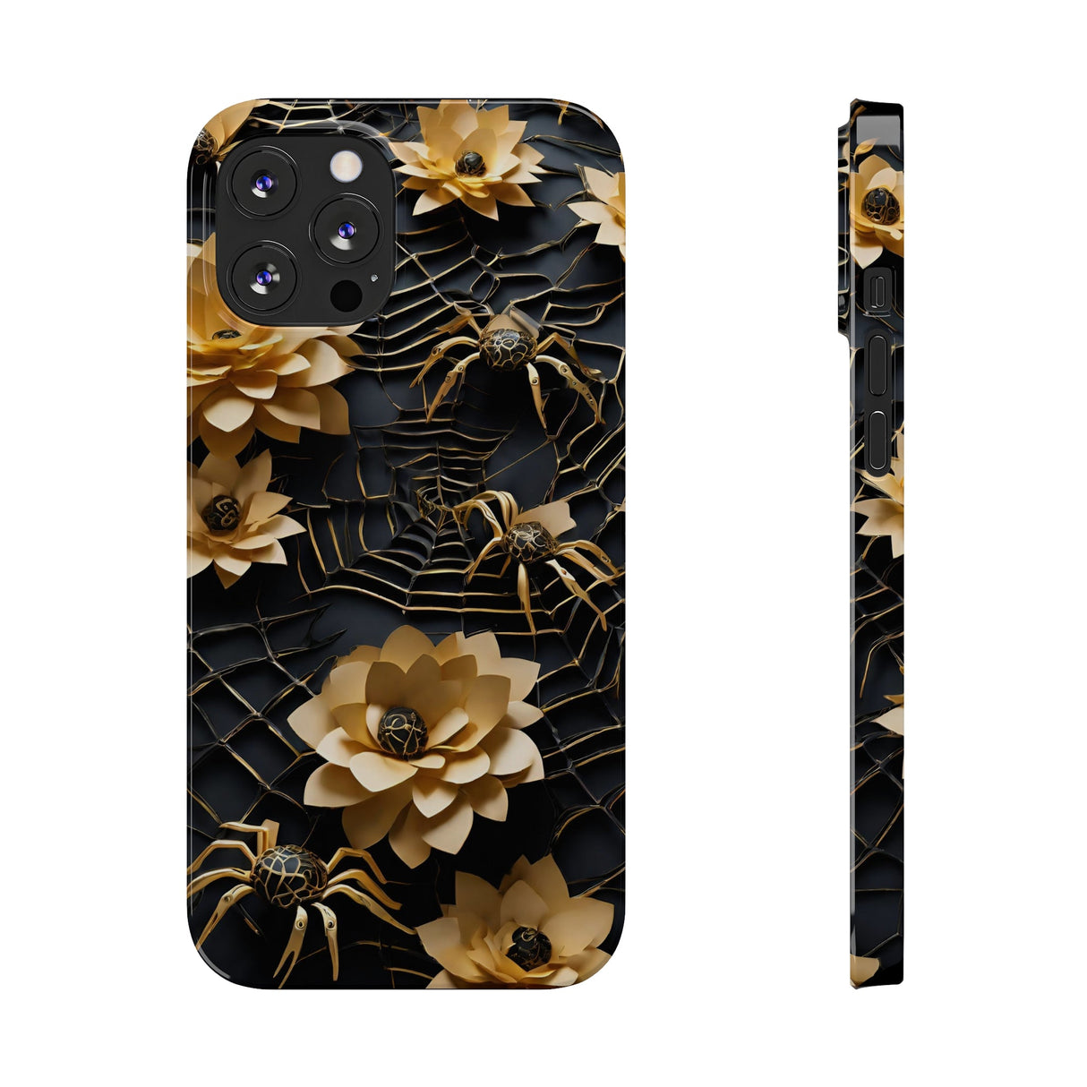 Halloween Black & Gold Spider Slim Phone Cases, Gold Flower Phone Case