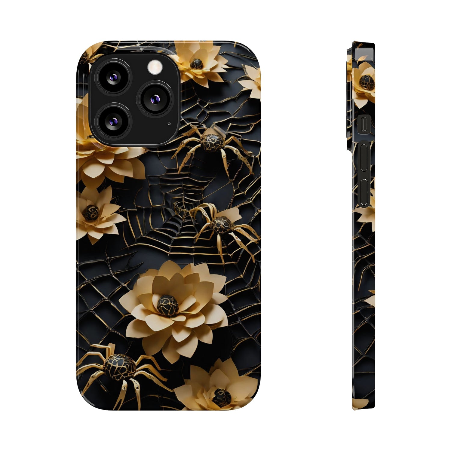 Halloween Black & Gold Spider Slim Phone Cases, Gold Flower Phone Case