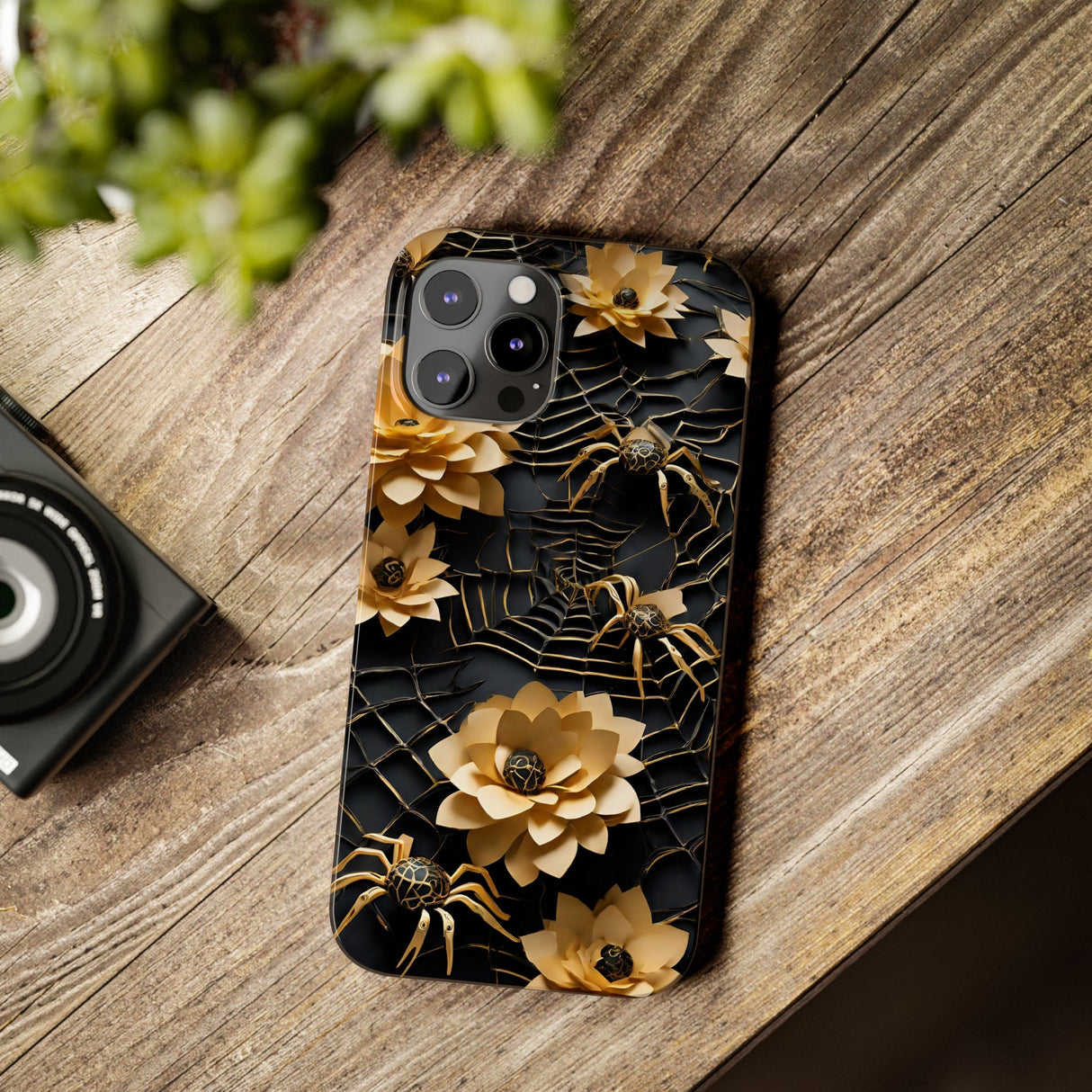 Halloween Black & Gold Spider Slim Phone Cases, Gold Flower Phone Case