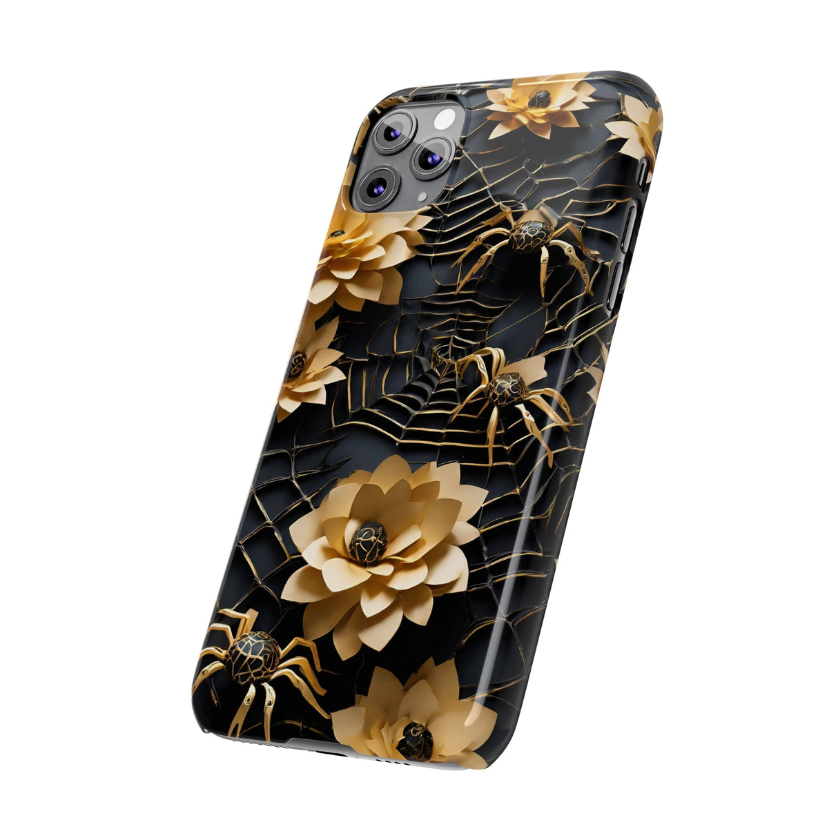 Halloween Black & Gold Spider Slim Phone Cases, Gold Flower Phone Case
