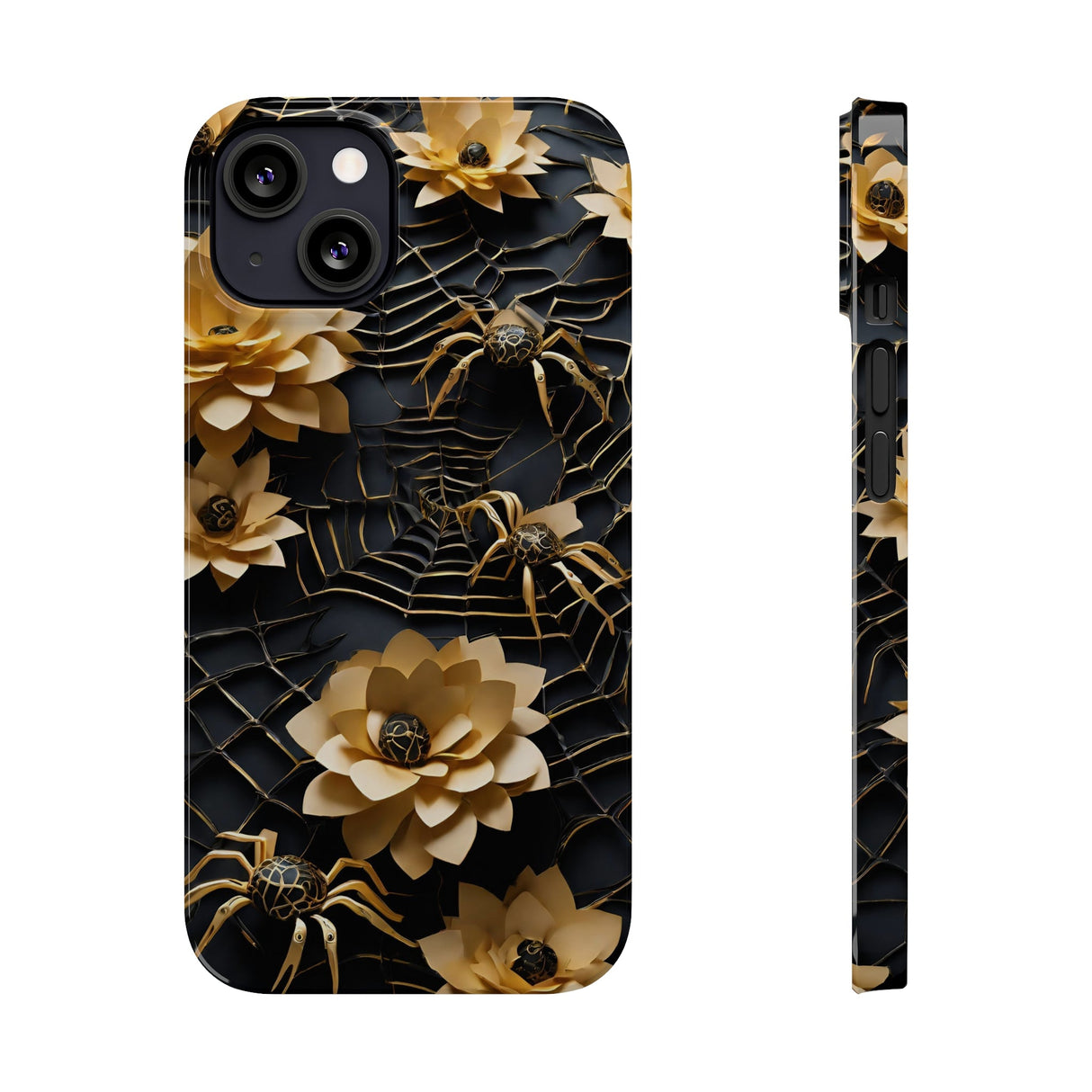 Halloween Black & Gold Spider Slim Phone Cases, Gold Flower Phone Case