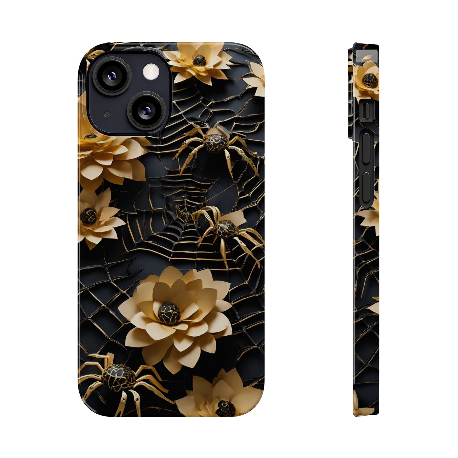 Halloween Black & Gold Spider Slim Phone Cases, Gold Flower Phone Case