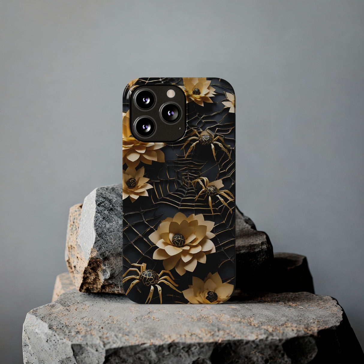 Halloween Black & Gold Spider Slim Phone Cases, Gold Flower Phone Case
