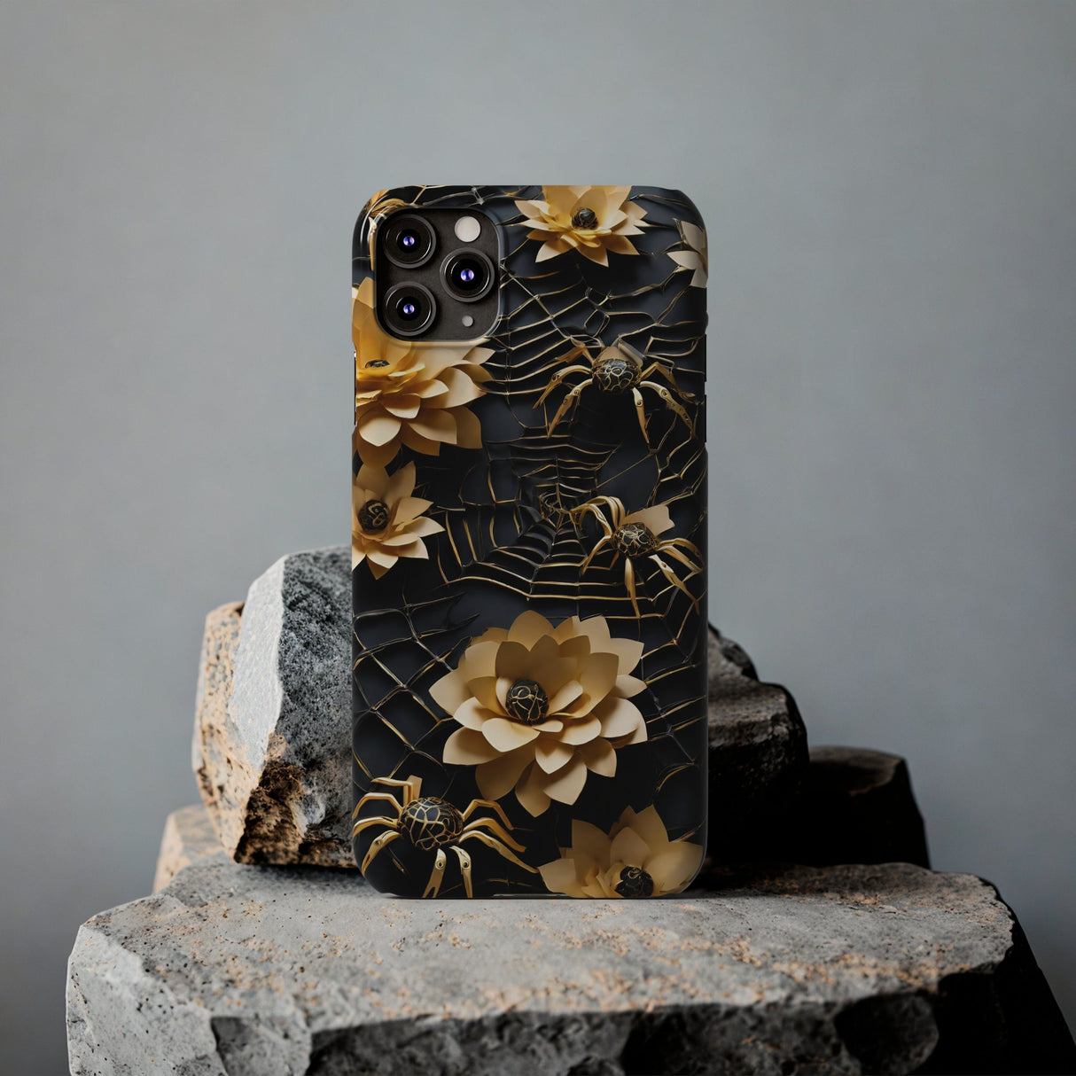 Halloween Black & Gold Spider Slim Phone Cases, Gold Flower Phone Case