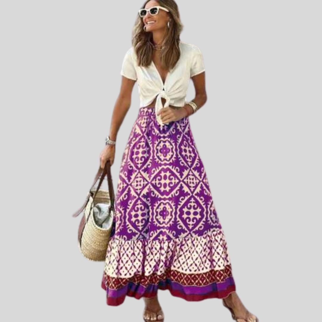 Julia - Maxi skirt with ethnic pattern and ruffled hem