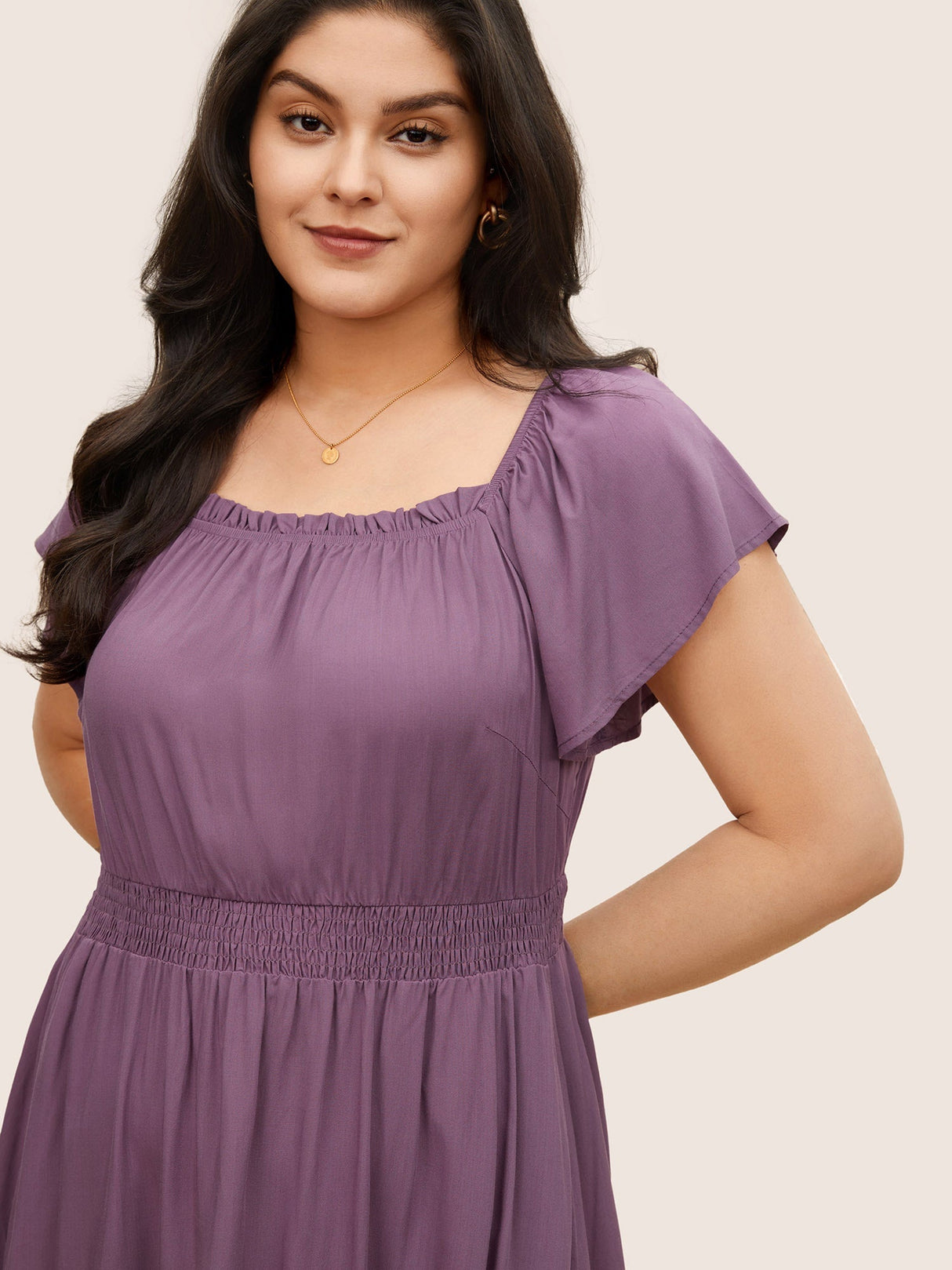 Solid Cap Sleeve Shirred Frill Trim Dress