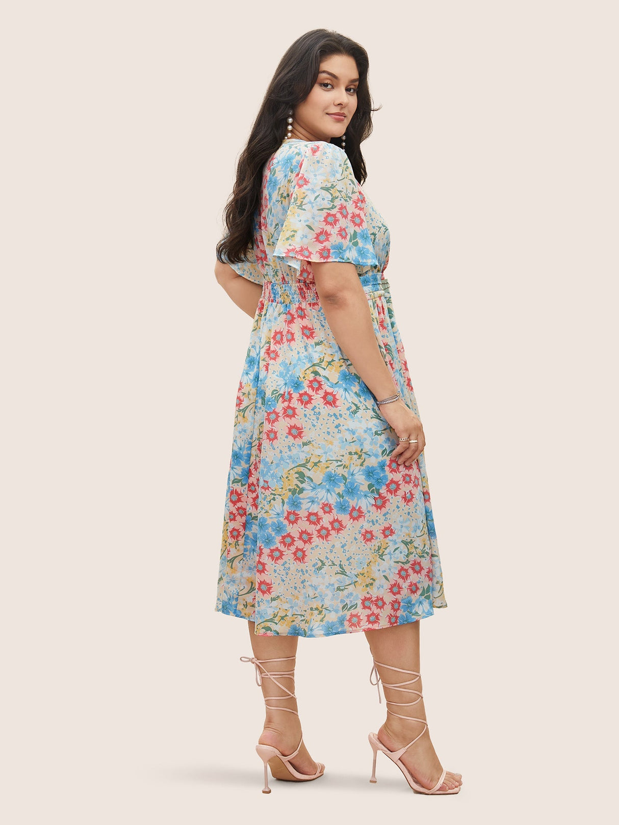 Floral Contrast Ruched Elastic Waist Dress