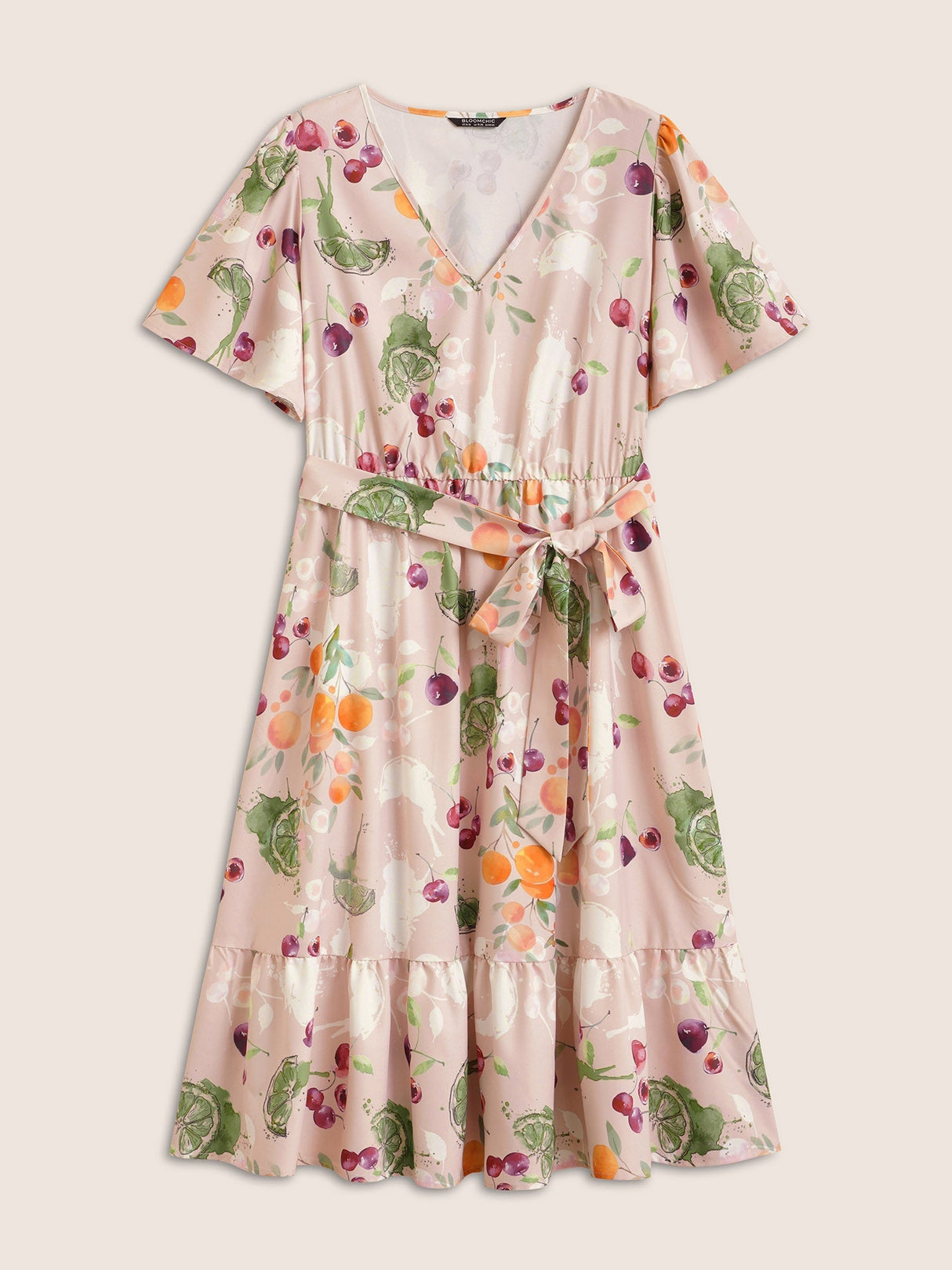 Fruits Print Elastic Waist Belted Pocket Dress
