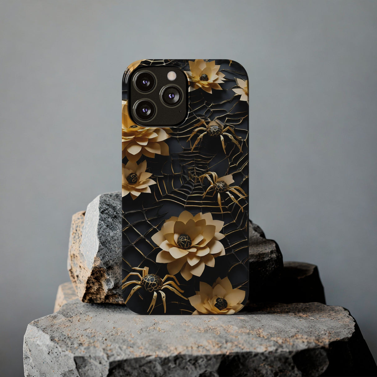 Halloween Black & Gold Spider Slim Phone Cases, Gold Flower Phone Case