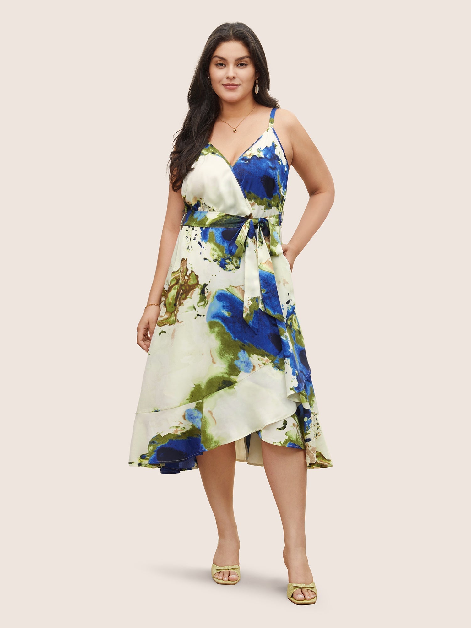 Ombre Belted Ruffle Hem Cami Dress