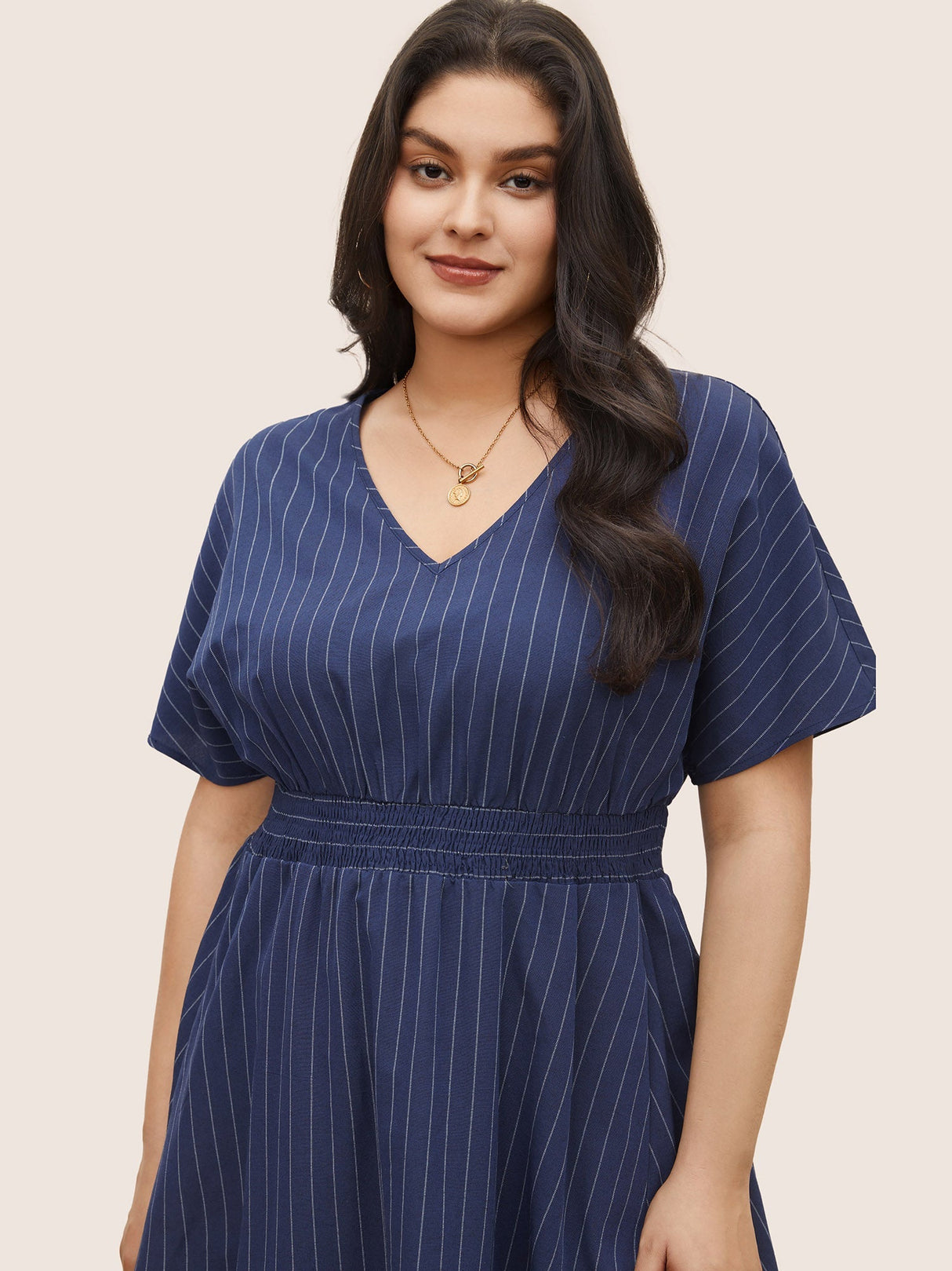 Striped V Neck Slit Hem Shirred Dress