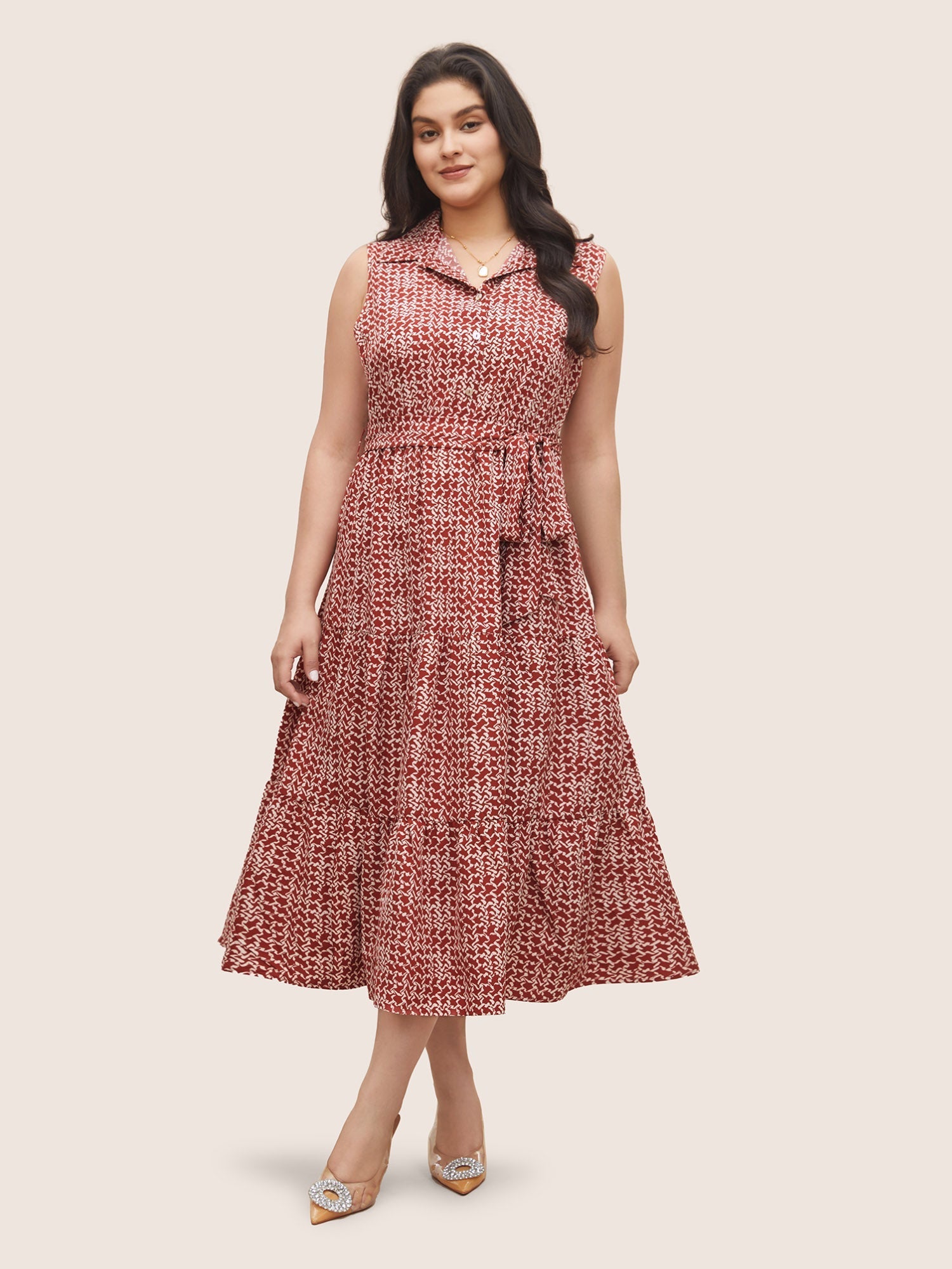 Graphic Ruffle Layered Hem Sleeveless Dress