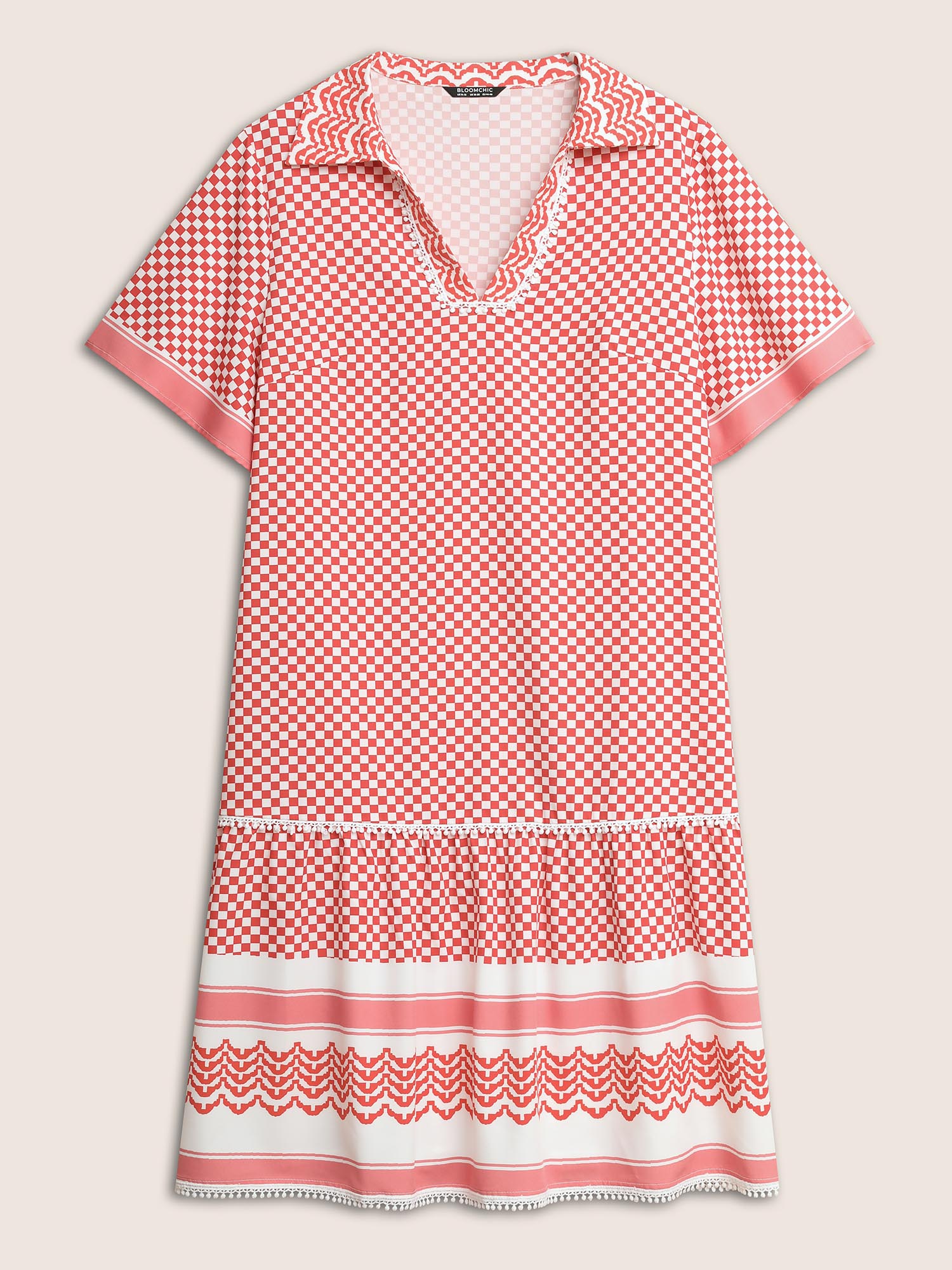 Gingham Patchwork Lapel Collar Ruffle Sleeve Dress