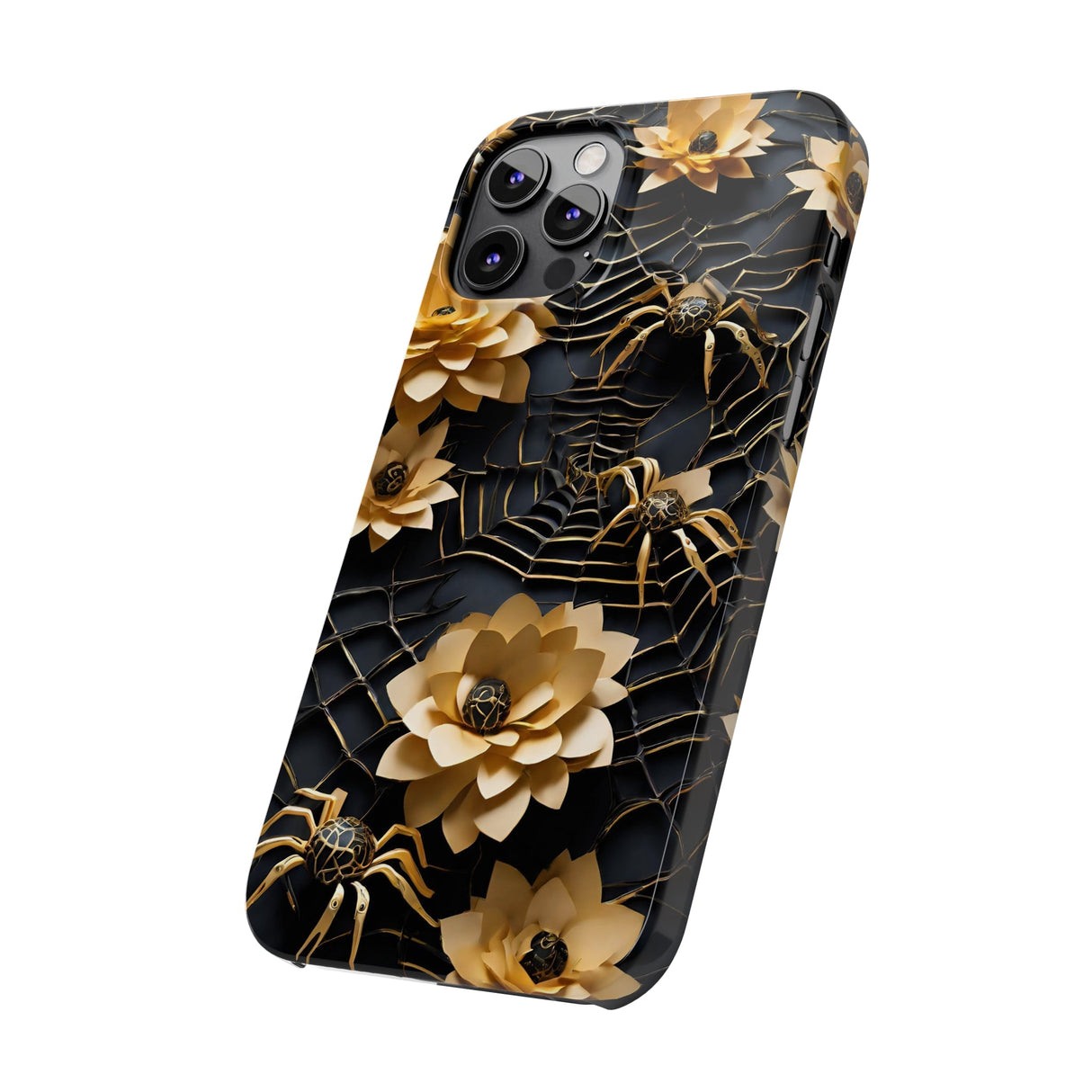 Halloween Black & Gold Spider Slim Phone Cases, Gold Flower Phone Case