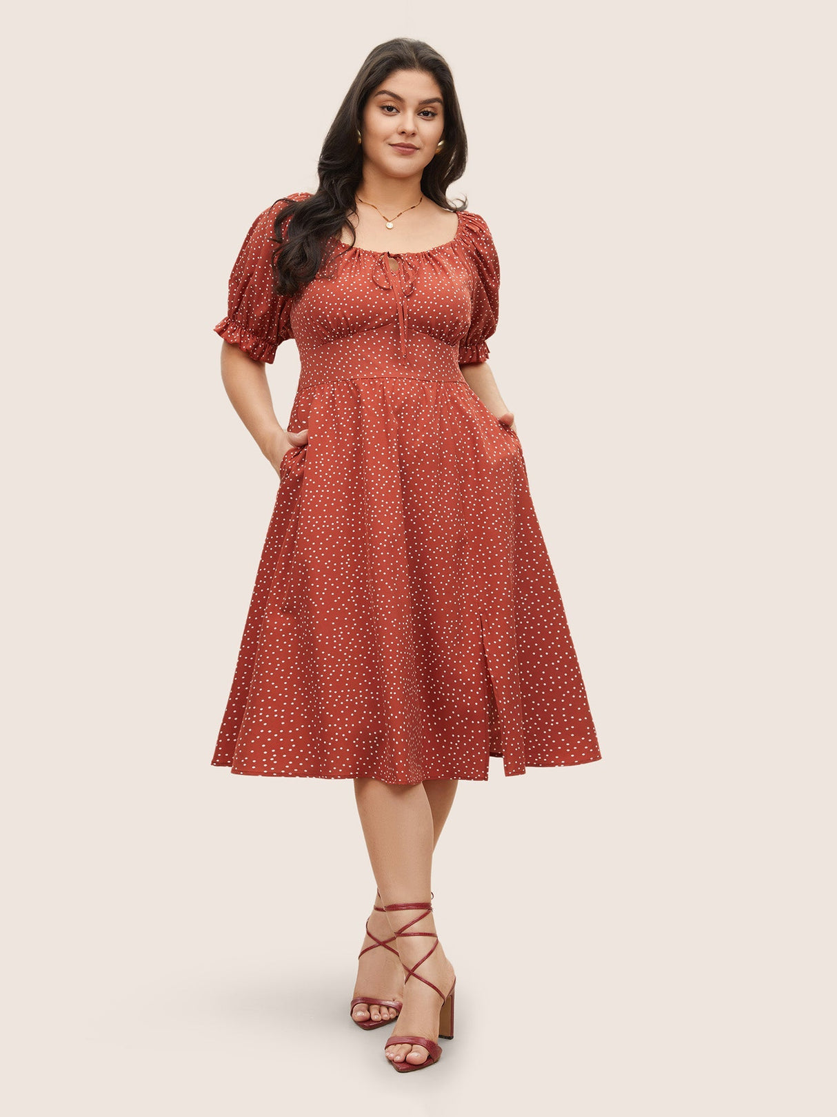 Polka Dot Ties Lantern Sleeve Gathered Dress