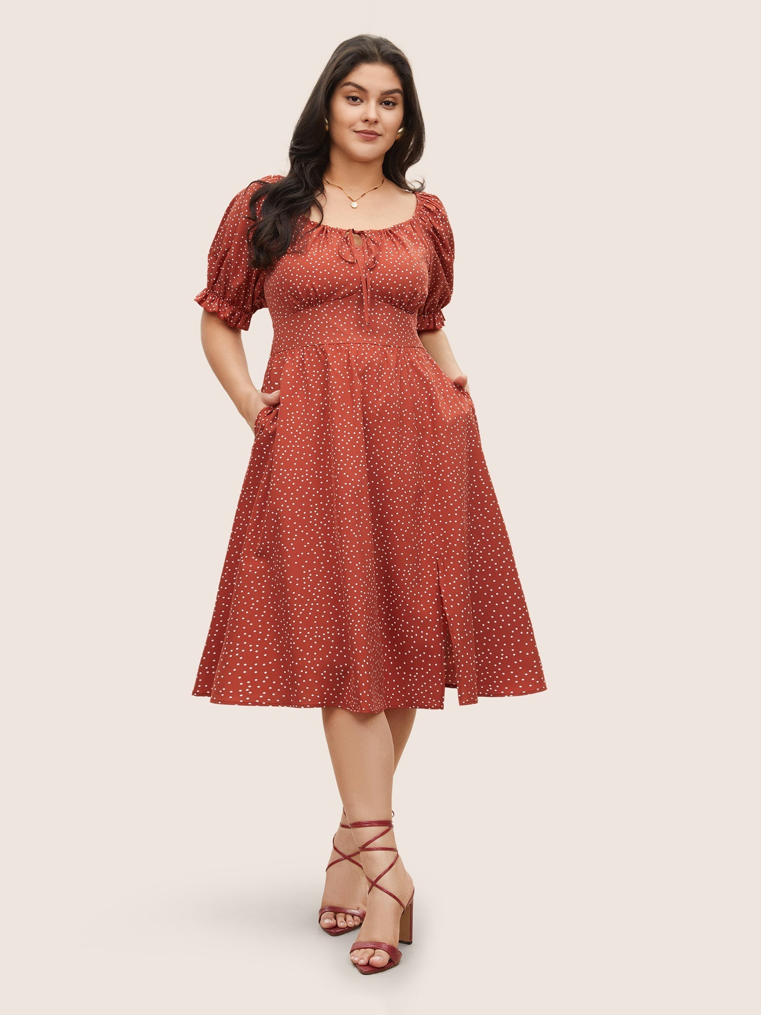 Polka Dot Ties Lantern Sleeve Gathered Dress