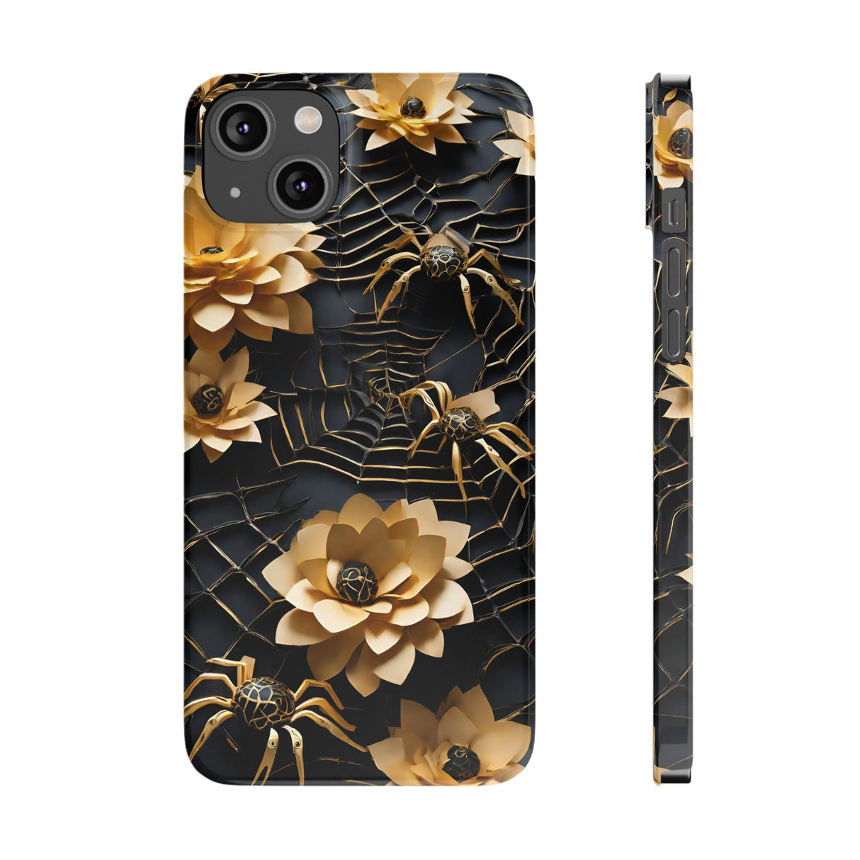 Halloween Black & Gold Spider Slim Phone Cases, Gold Flower Phone Case