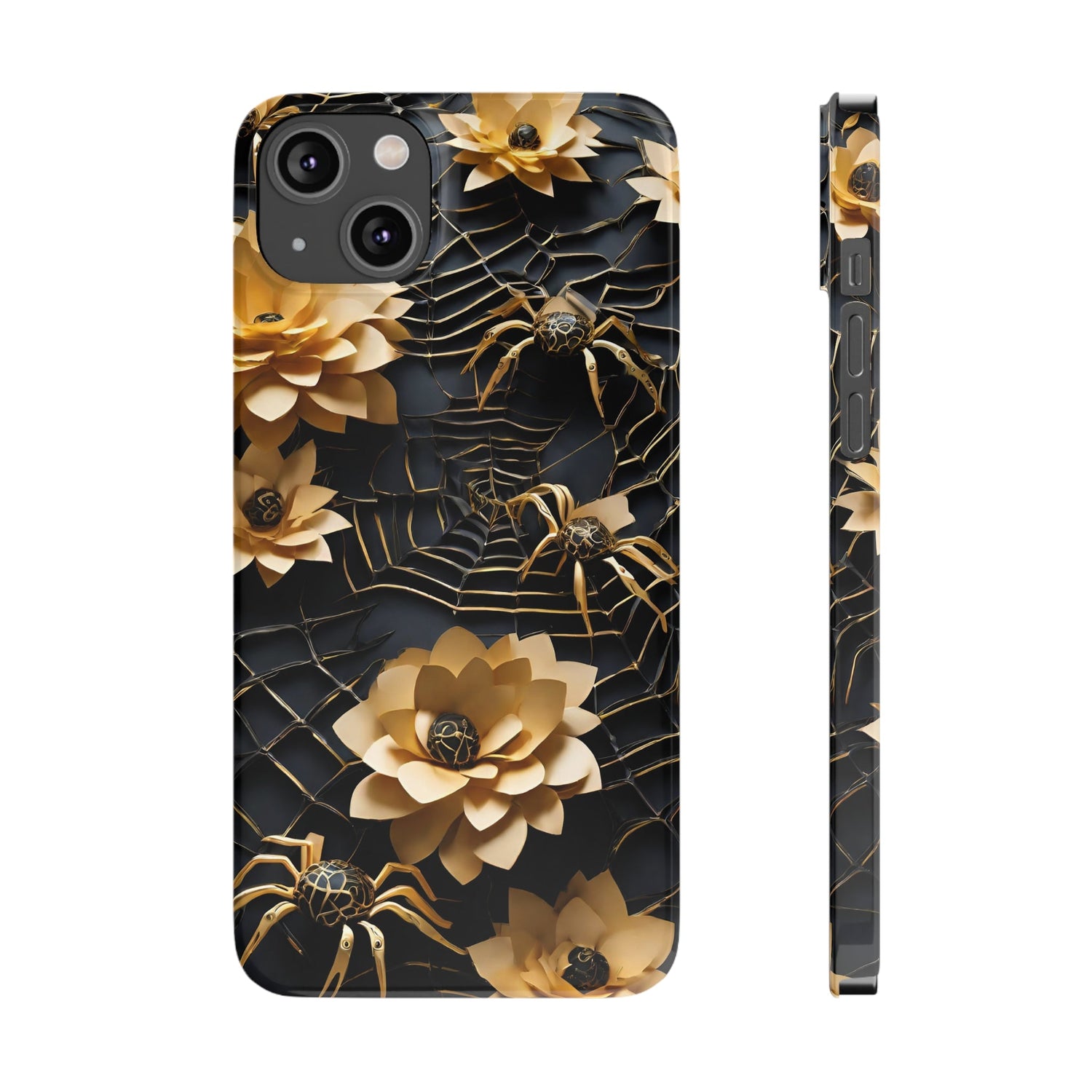 Halloween Black & Gold Spider Slim Phone Cases, Gold Flower Phone Case
