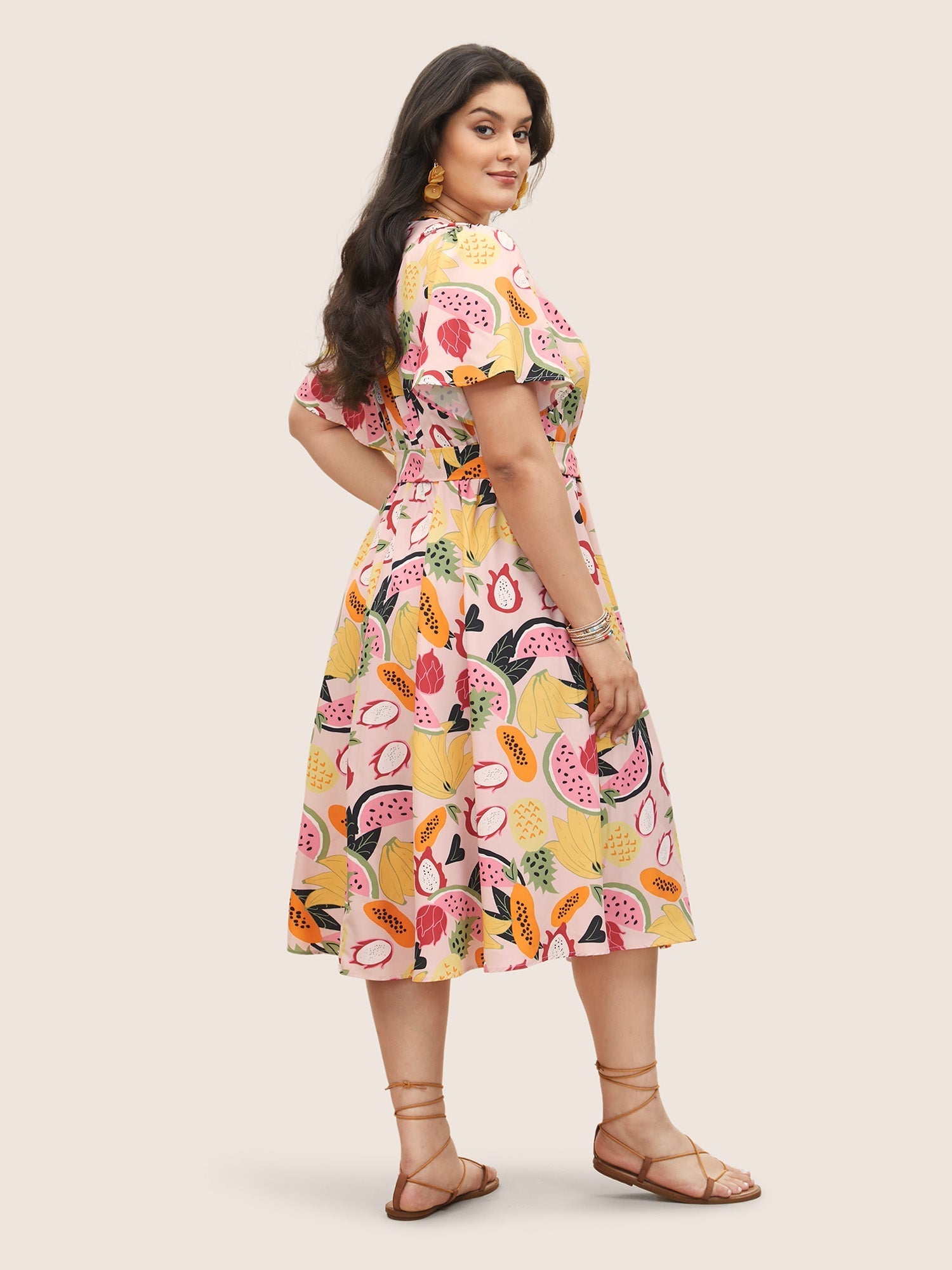 Fruit Print Overlap Collar Belted Pocket Dress