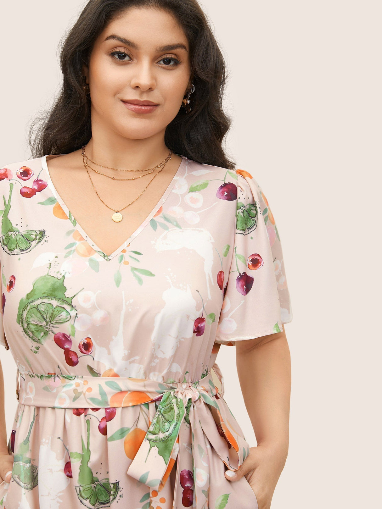 Fruits Print Elastic Waist Belted Pocket Dress