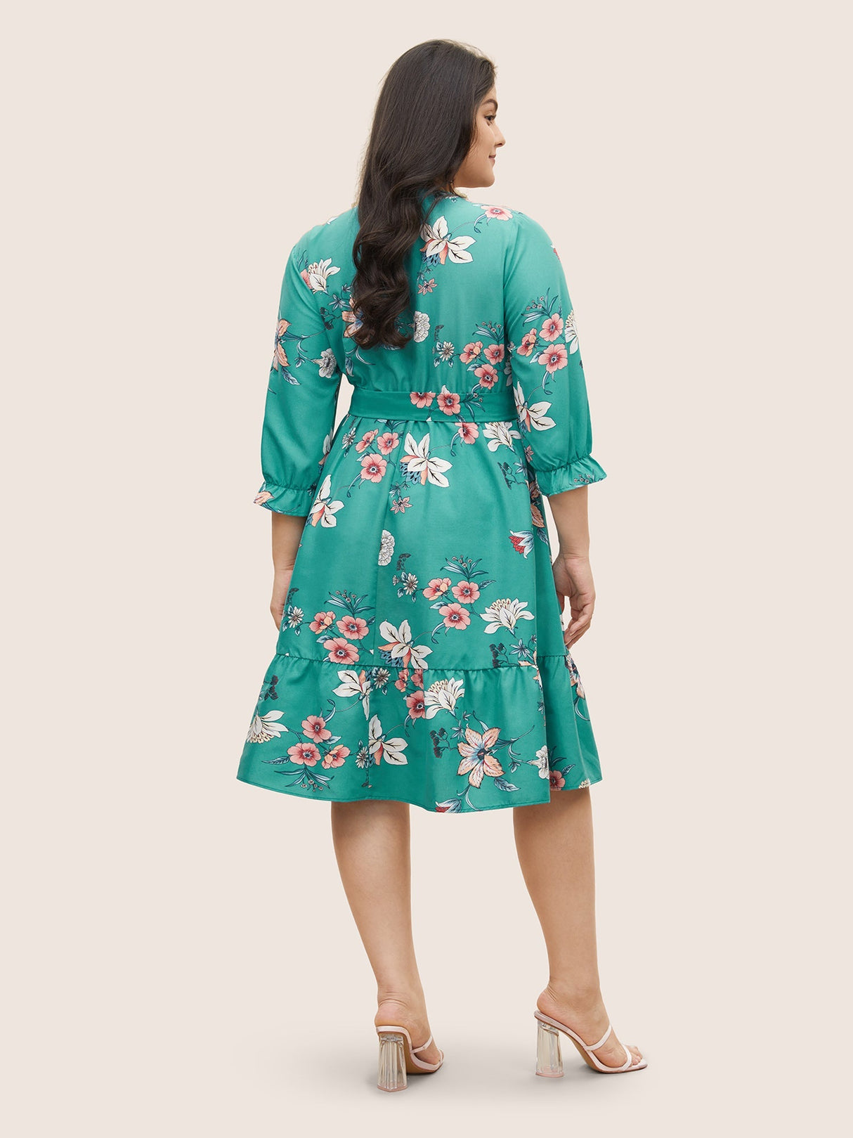 Floral Print Shirred Front Ruffle Sleeve Dress