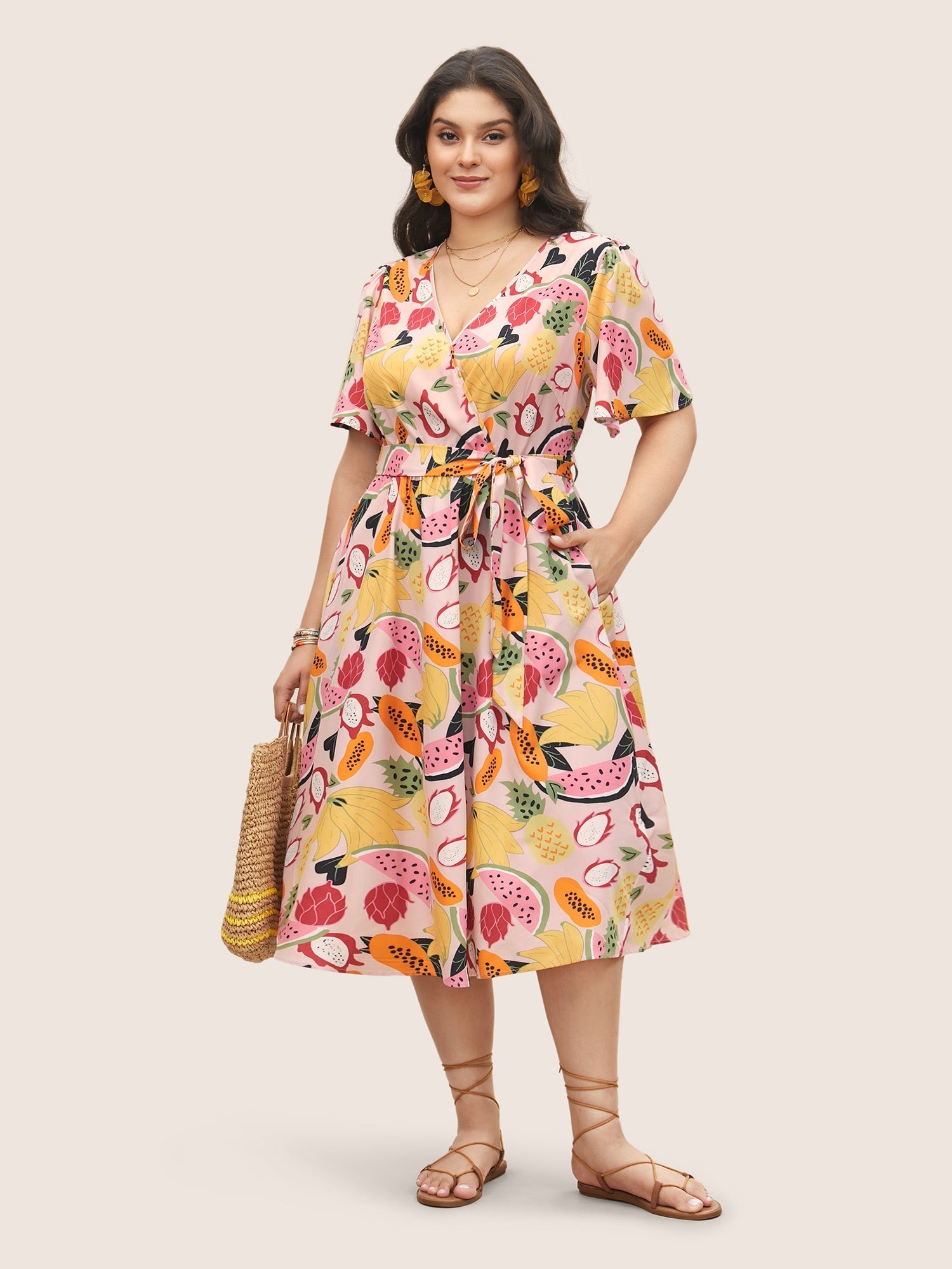 Fruit Print Overlap Collar Belted Pocket Dress