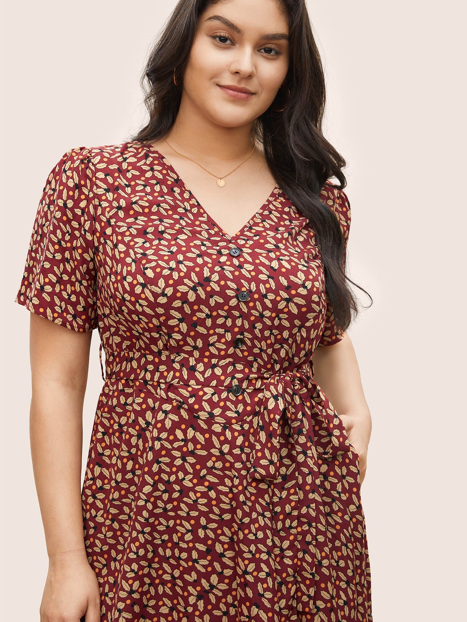 Geometric Graphic Button Detail Pocket Dress