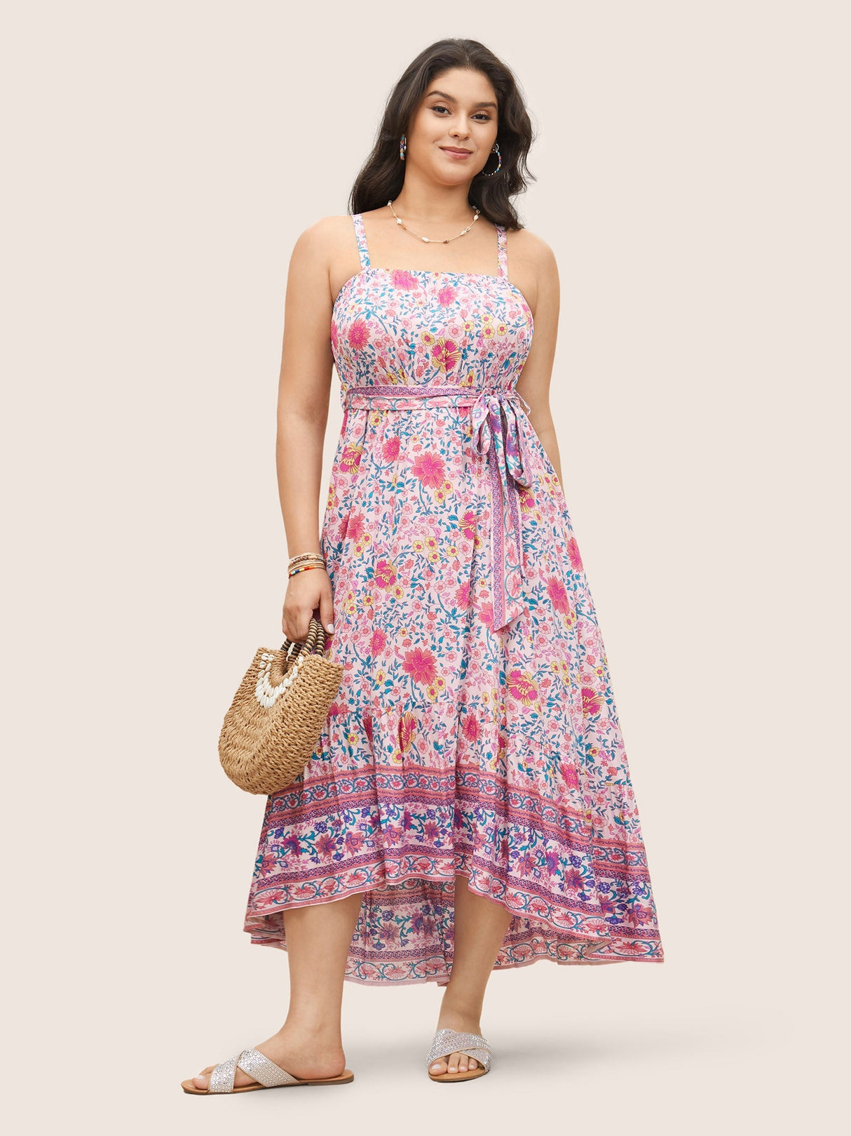 Floral Elastic Waist Patchwork Cami Dress
